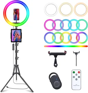 10" Selfie Ring Light with 73" Tripod Stand & 1 Phone Holder, LED Camera Ringlight with 48 RGB Colors Modes & Musical Rhythm Mode and 12 Brightness Dimmable for TikTok/Makeup/Photography/Vlog