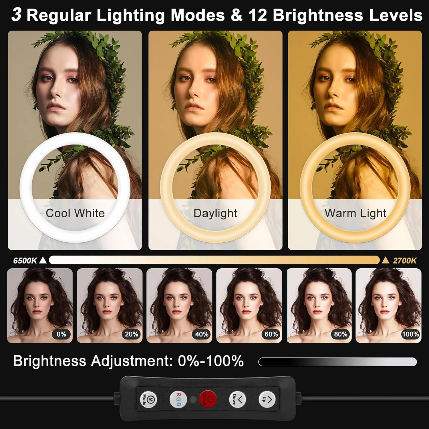 10" Selfie Ring Light with 73" Tripod Stand & 1 Phone Holder, LED Camera Ringlight with 48 RGB Colors Modes & Musical Rhythm Mode and 12 Brightness Dimmable for TikTok/Makeup/Photography/Vlog