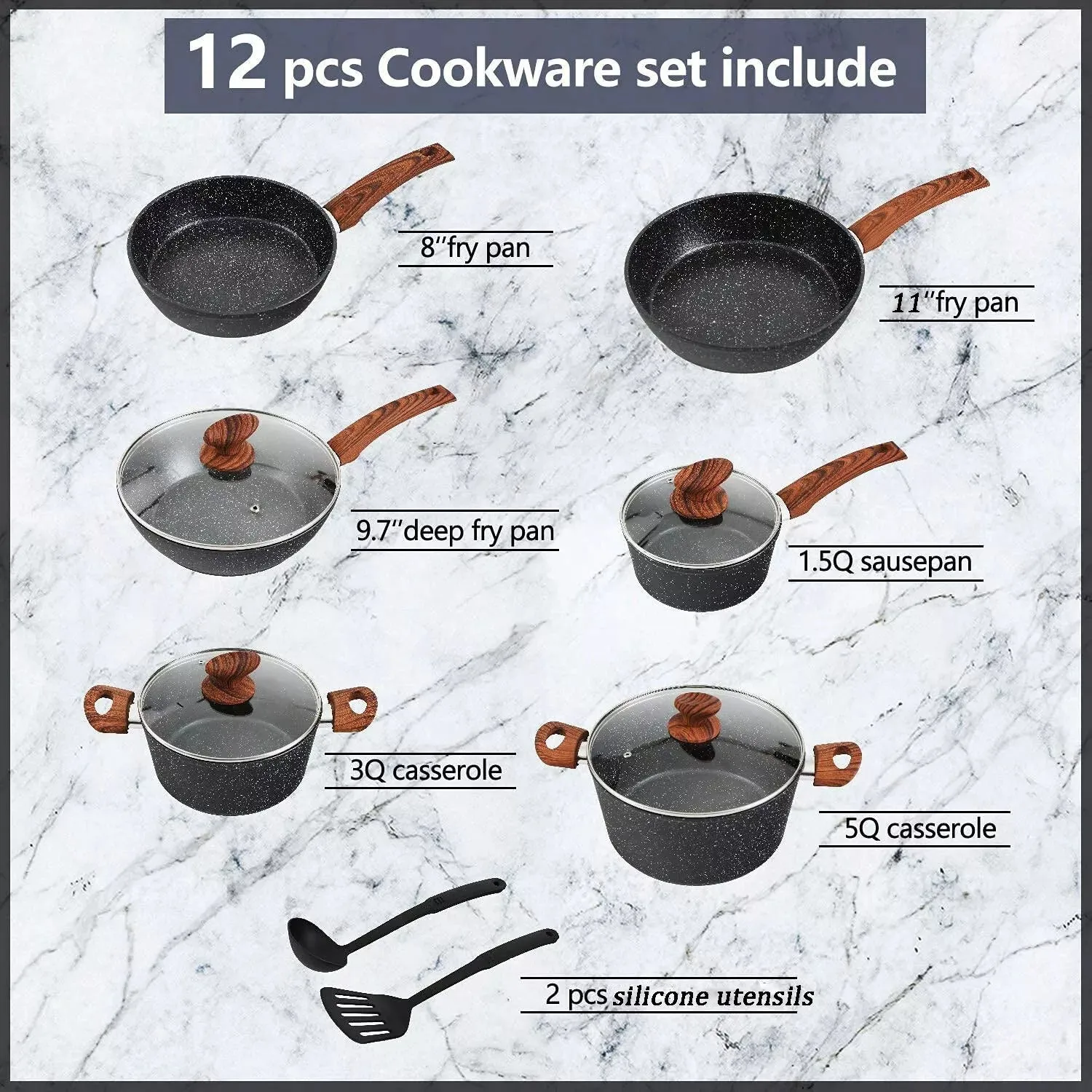 12-Piece Granite Non-Stick Pots and Pans Set, Versatile Cookware
