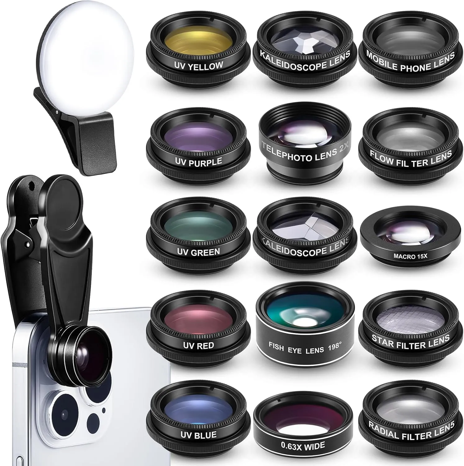 16 Pcs Phone Camera Lens Kit 16 in 1 with Selfie Light Universal Clip on Cell Phone 198 Degree Fisheye Wide Angle Macro Kaleidoscope CPL Lens Attachments Compatible with Most Phones
