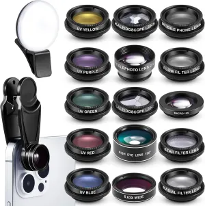 16 Pcs Phone Camera Lens Kit 16 in 1 with Selfie Light Universal Clip on Cell Phone 198 Degree Fisheye Wide Angle Macro Kaleidoscope CPL Lens Attachments Compatible with Most Phones
