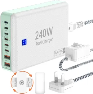 240W Fast Chargers for Multiple Devices 8 Ports, 6 Type C   2 USB A Charger Block, Charging Station with Slim Flat Plug, 65W Power Hub for Laptops, PD GaN Charger Tower for iPhone, Samsung