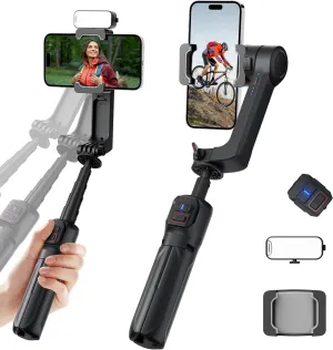 27" Foldable Gimbal Stabilizer Portable Built-in Extension Rod & Tripod, X2 Axis Gimbal Selfie Stick with Light for Video Recording Vlogging YouTube TikTok iPhone Android Smartphone (Black)
