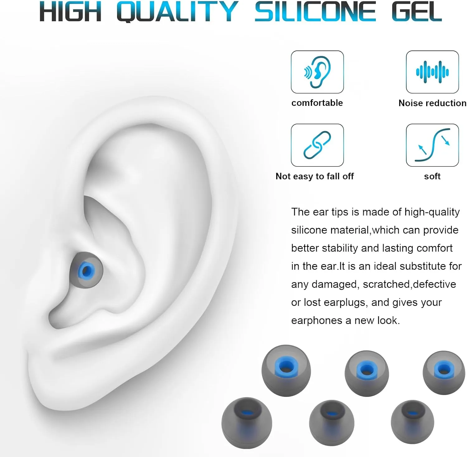 3 Pairs Replacement Silicone Eartips Earbuds Eargels Compatible with JBL TUNE120 T125TWS T120TWS Earphones