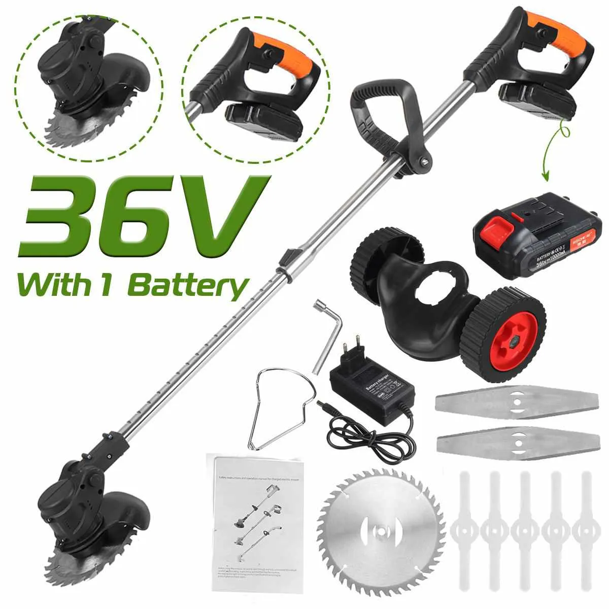 36V 1680W Double Wheel Electric Lawn Mower Cordless Grass Trimmer