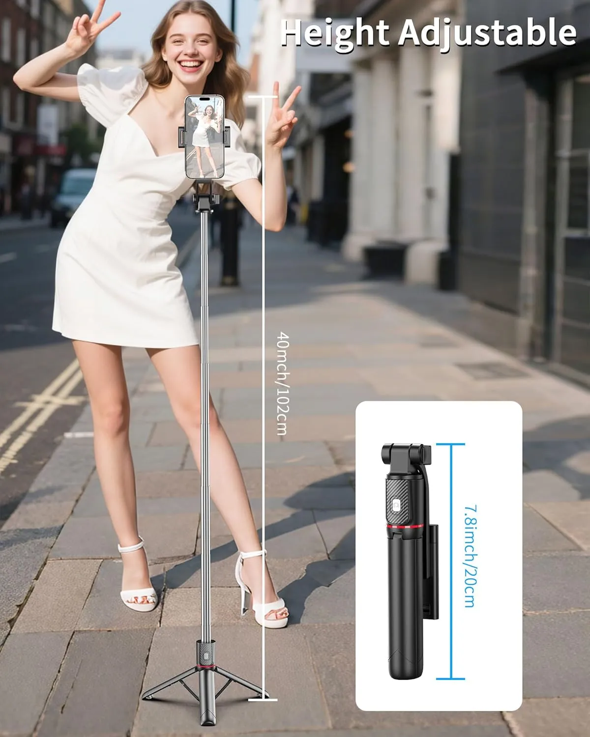 40'' Selfie Stick Tripod, Cell Phone Tripod with Integrated Wireless Remote, Portable Selfie Stick for iPhone Video Recording, Lightweight Extendable Phone Stand for iPhone Android