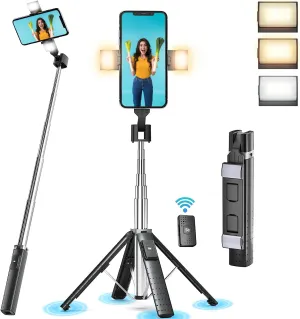 41 Selfie Stick Tripod Quadrapod with 2 Rechargeable Fill Light, Extendable Tripod with Bluetooth Remote, Stainless Steel, 3 Light Modes, 9 Brightness Levels, Compatible for All iPhone & Android
