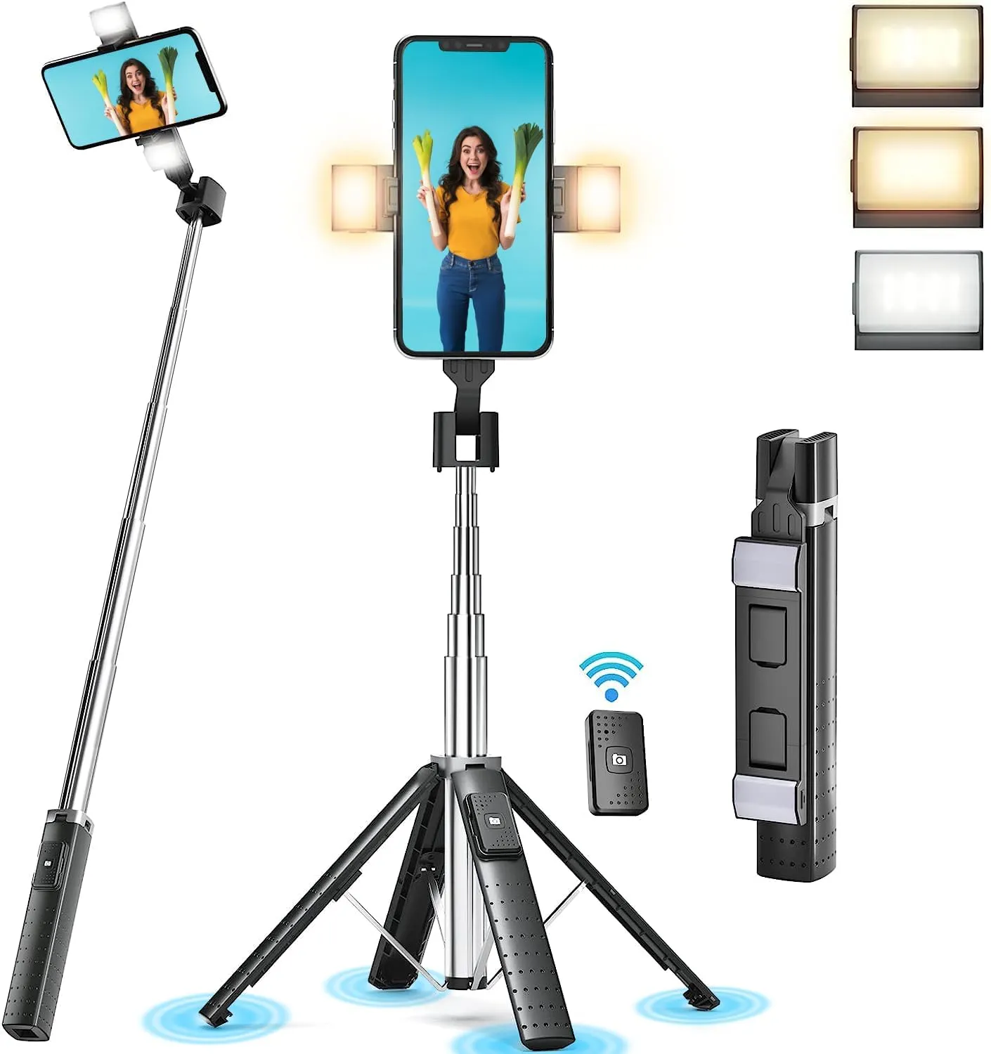 41 Selfie Stick Tripod Quadrapod with 2 Rechargeable Fill Light, Extendable Tripod with Bluetooth Remote, Stainless Steel, 3 Light Modes, 9 Brightness Levels, Compatible for All iPhone & Android