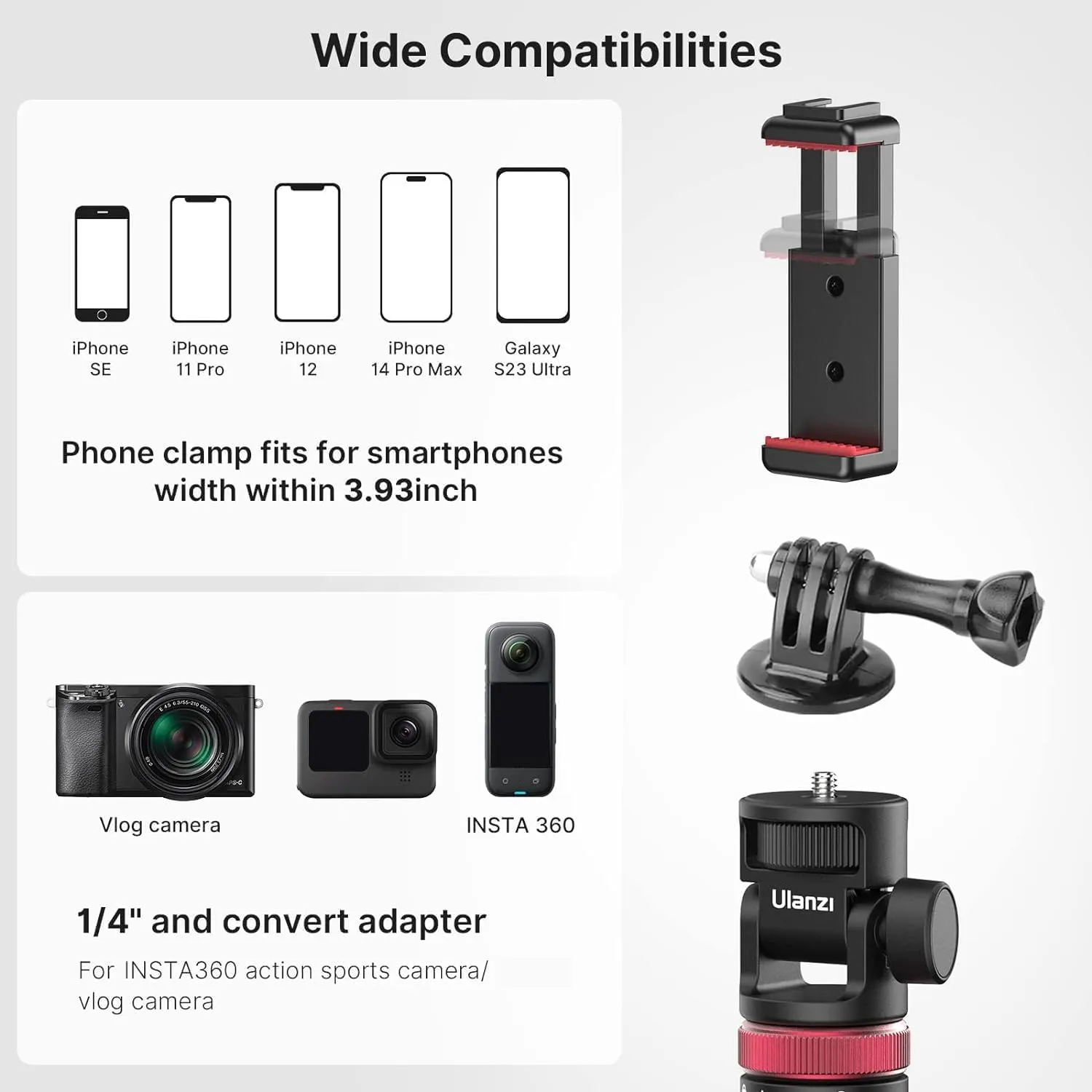 57.48 inch Extendable Selfie Stick Phone Tripod for Action Camera w Smartphone Clamp Extension Pole, for GoPro for Sony Canon Vlogging Cams for iPhone 14 13 Pro Max ULANZI MT-71
