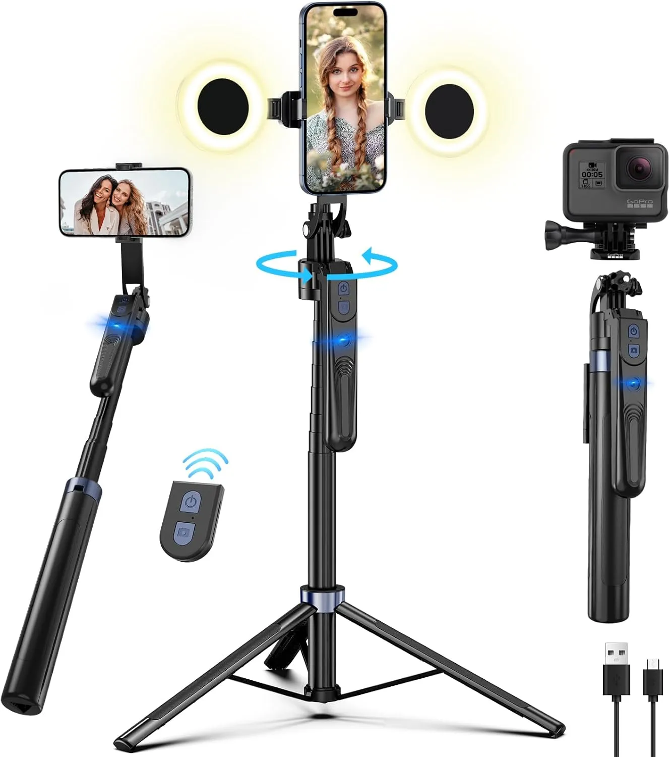 70" Auto Face Tracking Tripod for iPhone,360 Rotation Travel Selfie Stick Stand,Face Tracking Phone Tripod with Light and RemoteApplied to Tiktok YouTube Vlog Video Recording