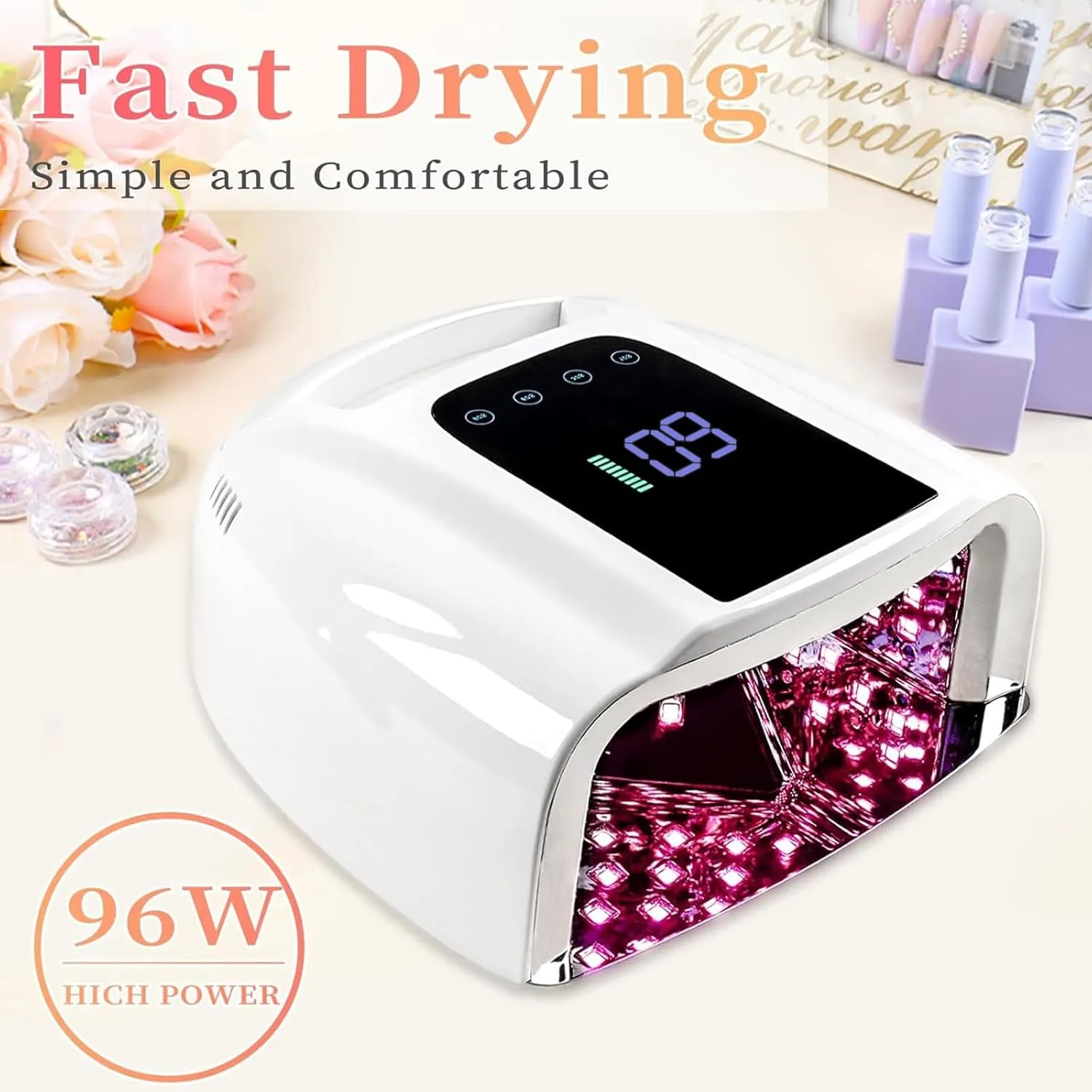 96W Rechargeable UV LED Nail Lamp, Portable Cordless UV Light for Nails with LCD Display Auto Sensor, 4 Timer Setting and Smart Sensor Nail Dryer,Nail Cure Light with Removable Bottom(White)