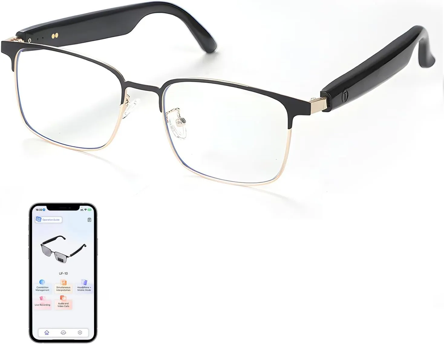 AI Translator Smart Glasses for Men Women, Bluetooth Audio Sunglasses with Photochromic Lenses, Voice Assistant, Open Ear Lighweight Eyeware, Real-Time Translation, Supports 110  Languages (Gold)