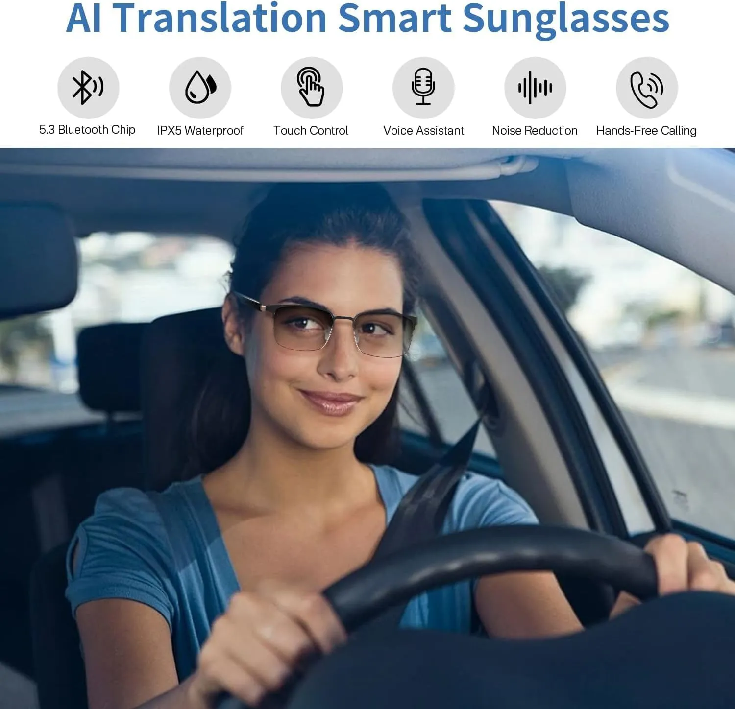 AI Translator Smart Glasses for Men Women, Bluetooth Audio Sunglasses with Photochromic Lenses, Voice Assistant, Open Ear Lighweight Eyeware, Real-Time Translation, Supports 110  Languages (Gold)