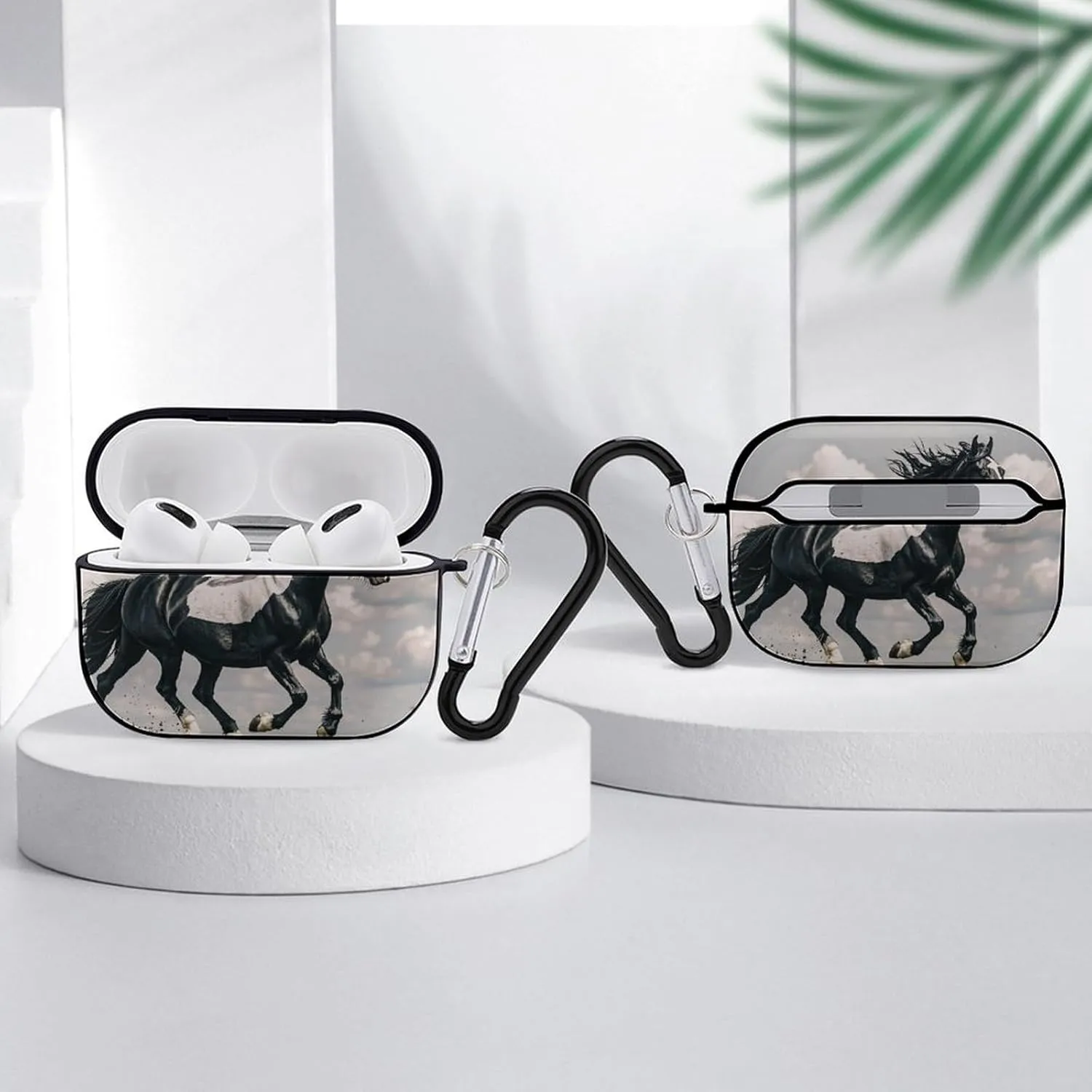 Airpods Pro Case for (2nd/1st Gen), Black and White Horses Running Airpods Pro 2 Cover, Earpods Case with Durable Carabiner, Earbud Cases Supports Wireless Charging Durable and Shockproof