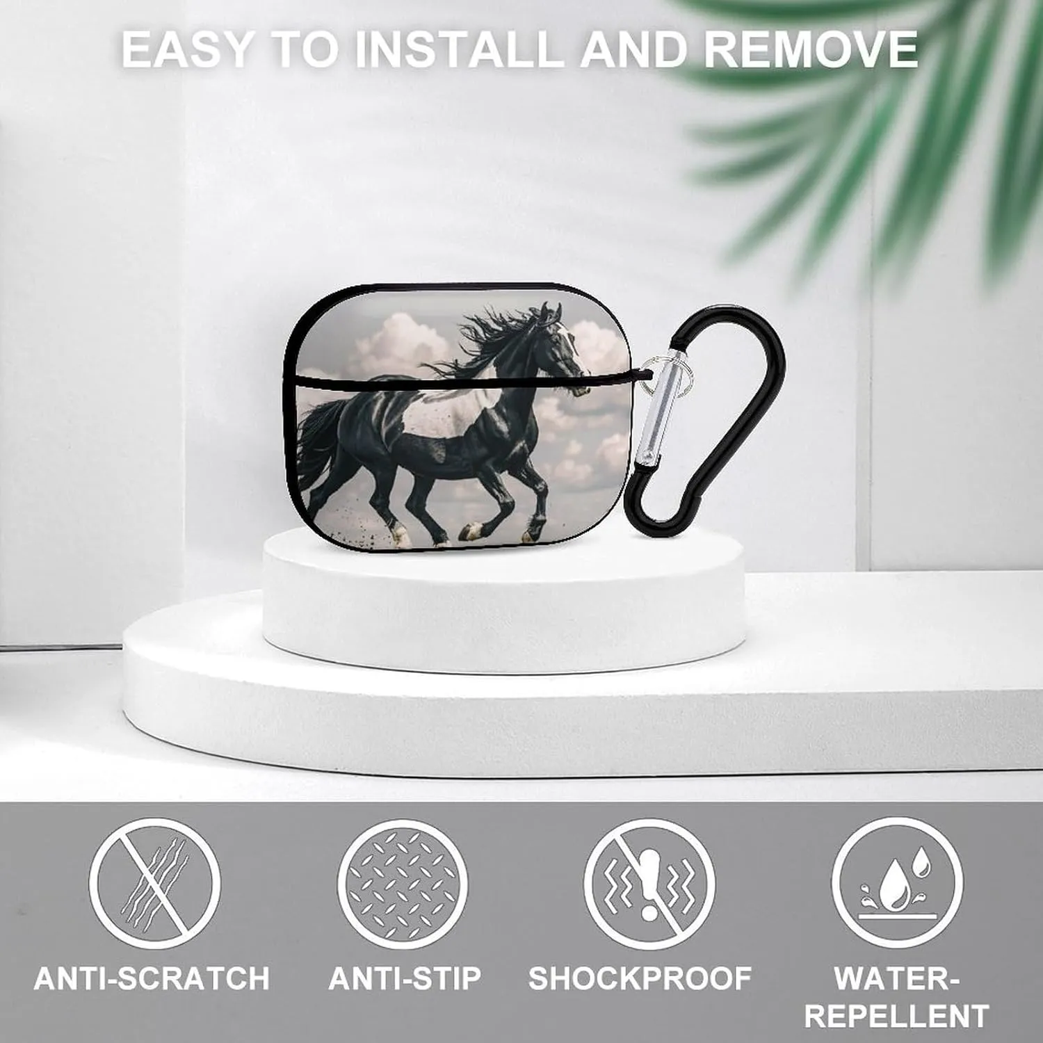 Airpods Pro Case for (2nd/1st Gen), Black and White Horses Running Airpods Pro 2 Cover, Earpods Case with Durable Carabiner, Earbud Cases Supports Wireless Charging Durable and Shockproof