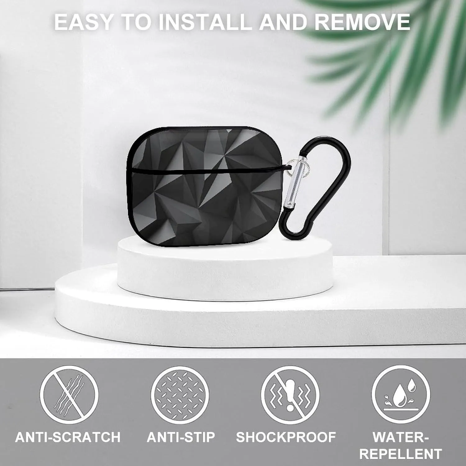 Airpods Pro Case for (2nd/1st Gen), Black Geometric Airpods Pro 2 Cover, Earpods Case with Durable Carabiner, Earbud Cases Supports Wireless Charging Durable and Shockproof