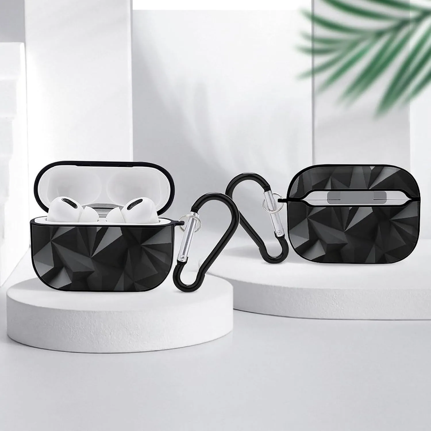 Airpods Pro Case for (2nd/1st Gen), Black Geometric Airpods Pro 2 Cover, Earpods Case with Durable Carabiner, Earbud Cases Supports Wireless Charging Durable and Shockproof