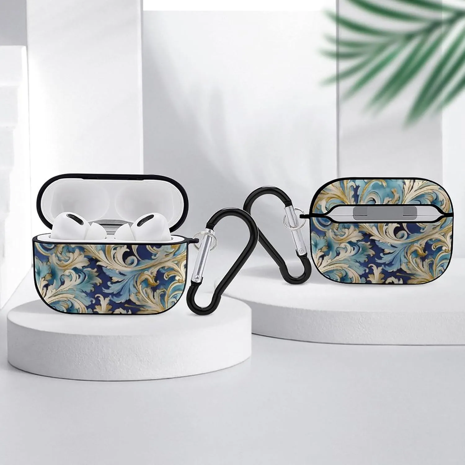 Airpods Pro Case for (2nd/1st Gen), Elegant Blue Gold Florentine Airpods Pro 2 Cover, Earpods Case with Durable Carabiner, Earbud Cases Supports Wireless Charging Durable and Shockproof
