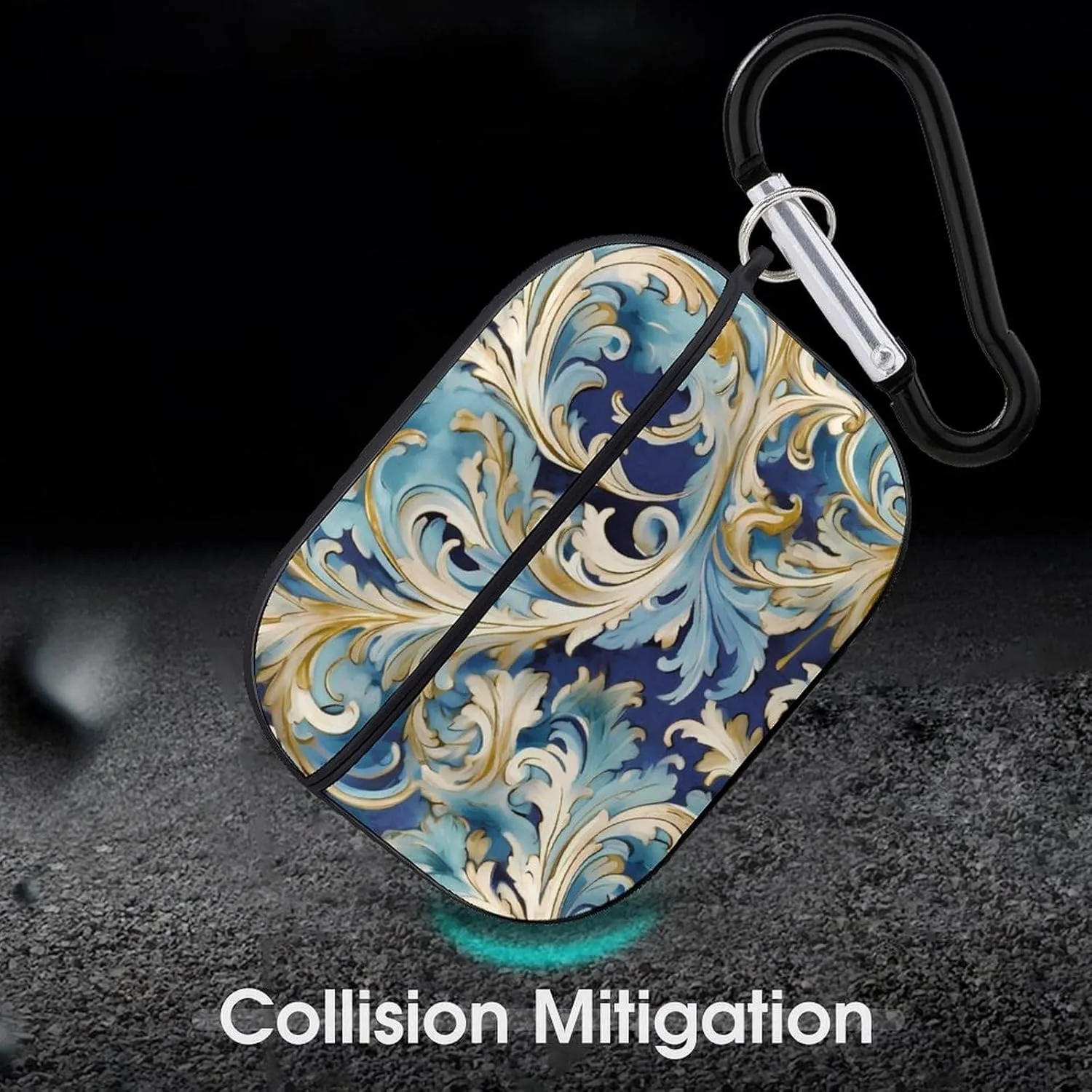 Airpods Pro Case for (2nd/1st Gen), Elegant Blue Gold Florentine Airpods Pro 2 Cover, Earpods Case with Durable Carabiner, Earbud Cases Supports Wireless Charging Durable and Shockproof