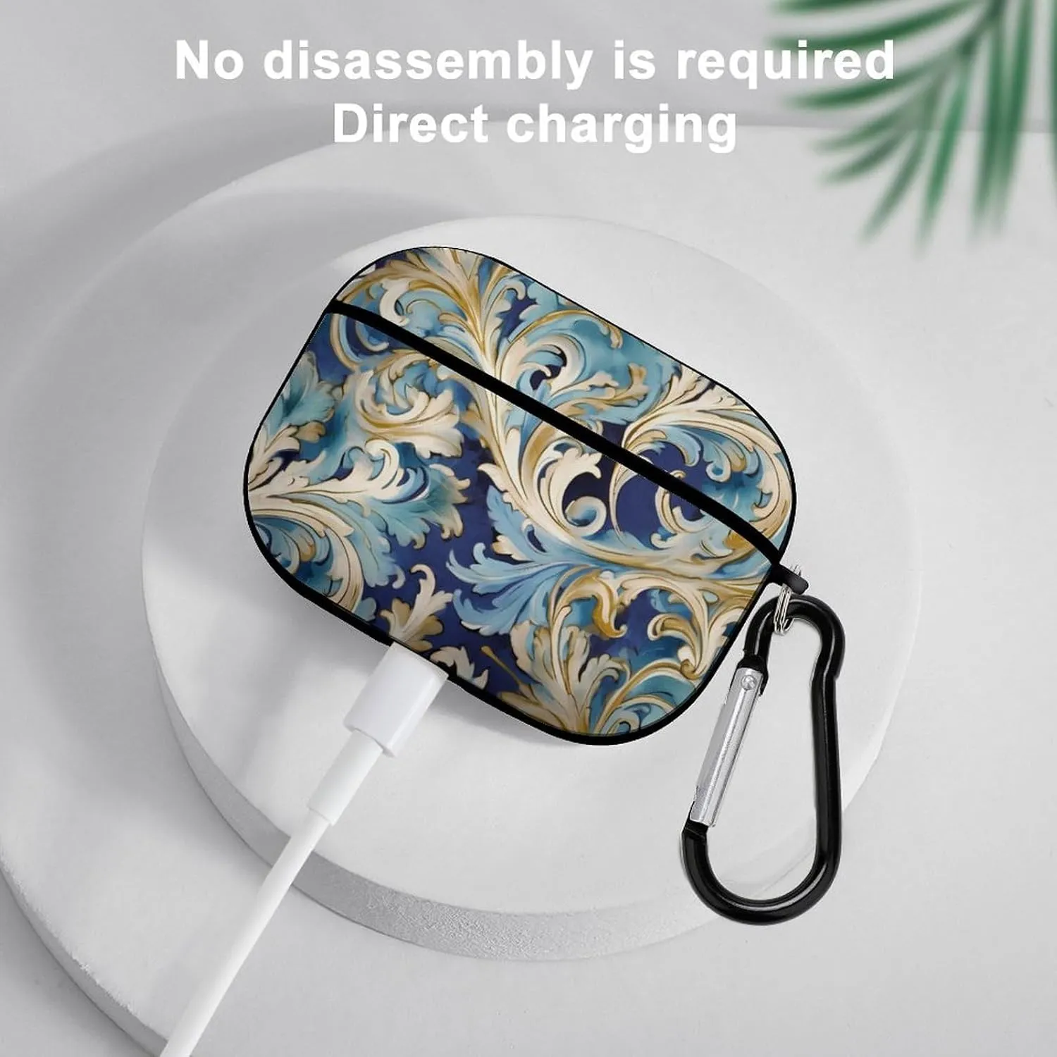 Airpods Pro Case for (2nd/1st Gen), Elegant Blue Gold Florentine Airpods Pro 2 Cover, Earpods Case with Durable Carabiner, Earbud Cases Supports Wireless Charging Durable and Shockproof