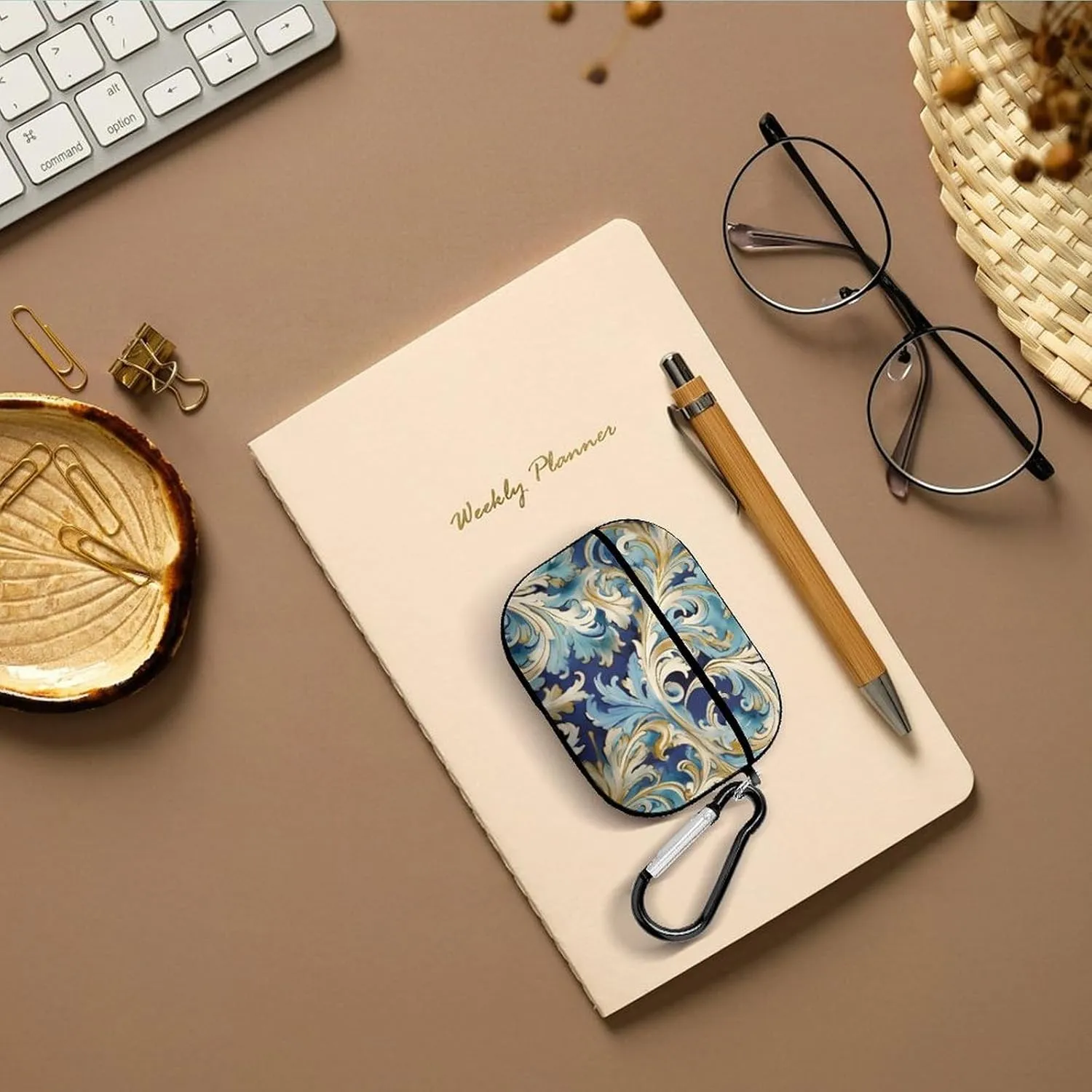 Airpods Pro Case for (2nd/1st Gen), Elegant Blue Gold Florentine Airpods Pro 2 Cover, Earpods Case with Durable Carabiner, Earbud Cases Supports Wireless Charging Durable and Shockproof