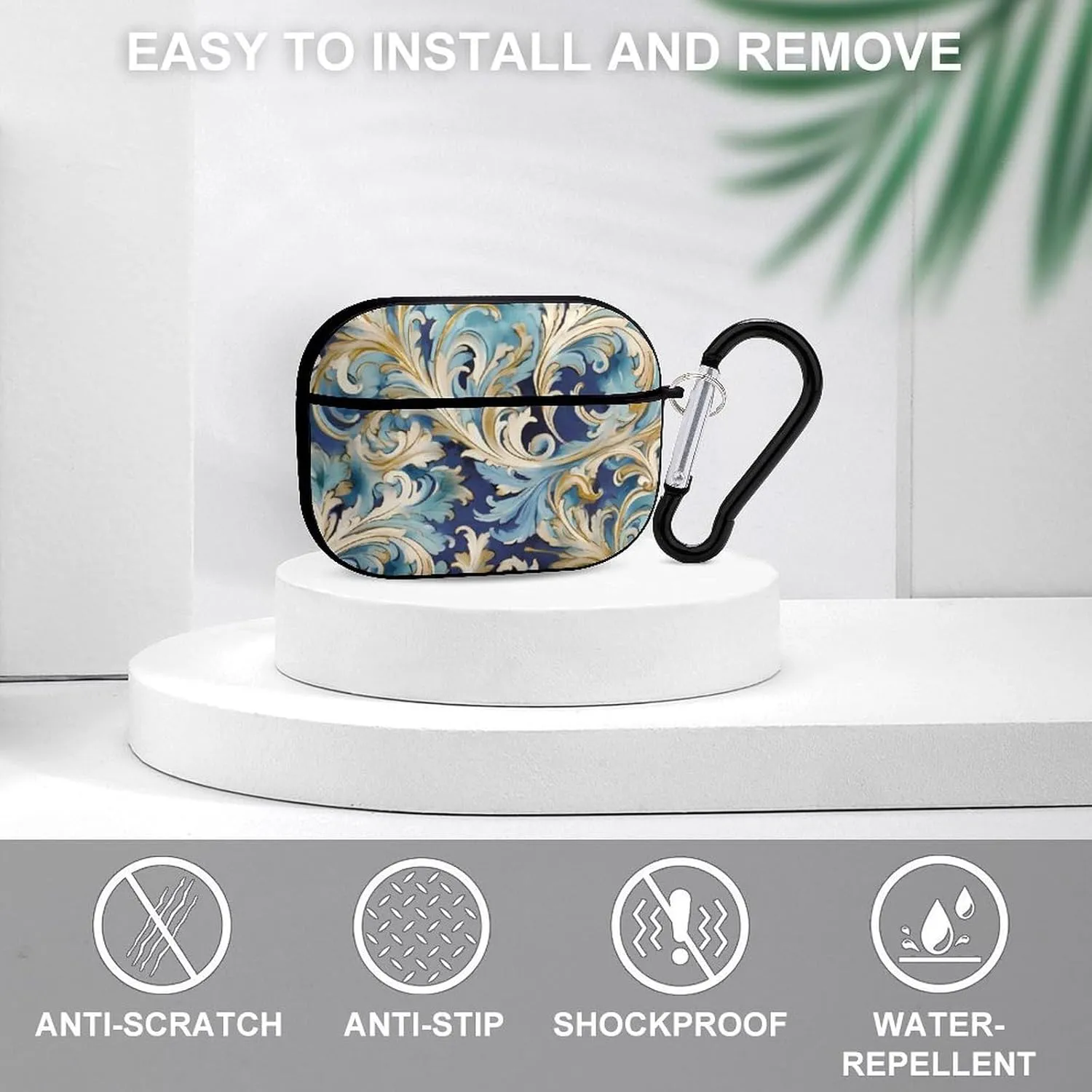 Airpods Pro Case for (2nd/1st Gen), Elegant Blue Gold Florentine Airpods Pro 2 Cover, Earpods Case with Durable Carabiner, Earbud Cases Supports Wireless Charging Durable and Shockproof