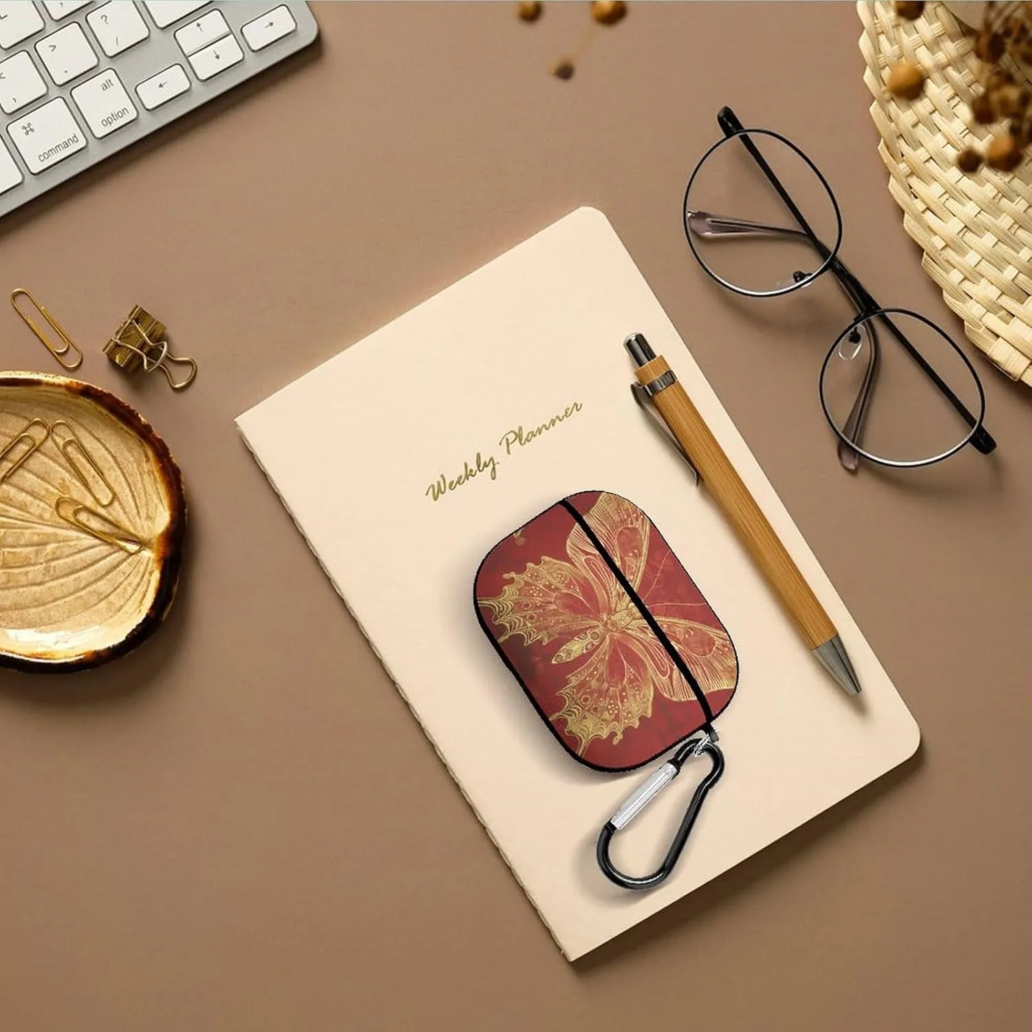 Airpods Pro Case for (2nd/1st Gen), Golden Ornate Butterfly Airpods Pro 2 Cover, Earpods Case with Durable Carabiner, Earbud Cases Supports Wireless Charging Durable and Shockproof