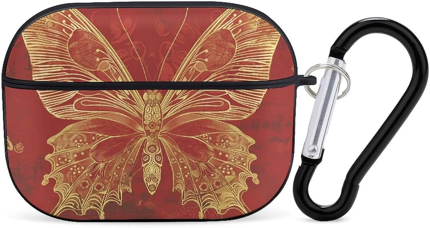 Airpods Pro Case for (2nd/1st Gen), Golden Ornate Butterfly Airpods Pro 2 Cover, Earpods Case with Durable Carabiner, Earbud Cases Supports Wireless Charging Durable and Shockproof