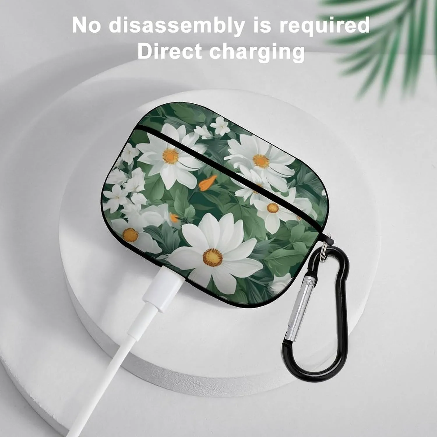 Airpods Pro Case for (2nd/1st Gen), Green Leaves and White Flowers Airpods Pro 2 Cover, Earpods Case with Durable Carabiner, Earbud Cases Supports Wireless Charging Durable and Shockproof