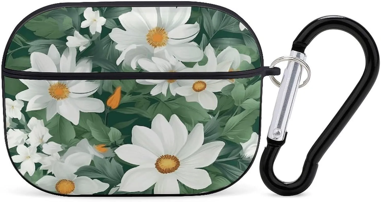 Airpods Pro Case for (2nd/1st Gen), Green Leaves and White Flowers Airpods Pro 2 Cover, Earpods Case with Durable Carabiner, Earbud Cases Supports Wireless Charging Durable and Shockproof