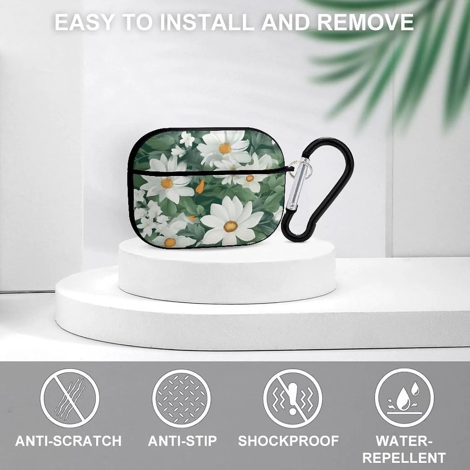 Airpods Pro Case for (2nd/1st Gen), Green Leaves and White Flowers Airpods Pro 2 Cover, Earpods Case with Durable Carabiner, Earbud Cases Supports Wireless Charging Durable and Shockproof