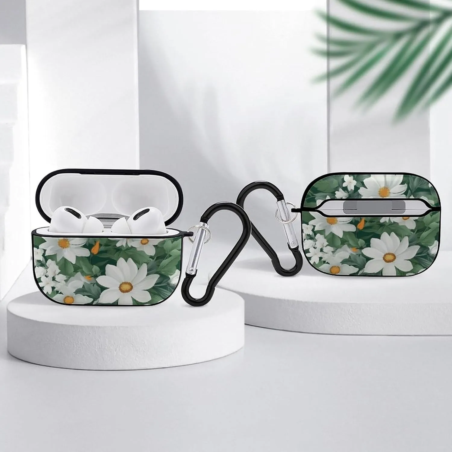 Airpods Pro Case for (2nd/1st Gen), Green Leaves and White Flowers Airpods Pro 2 Cover, Earpods Case with Durable Carabiner, Earbud Cases Supports Wireless Charging Durable and Shockproof