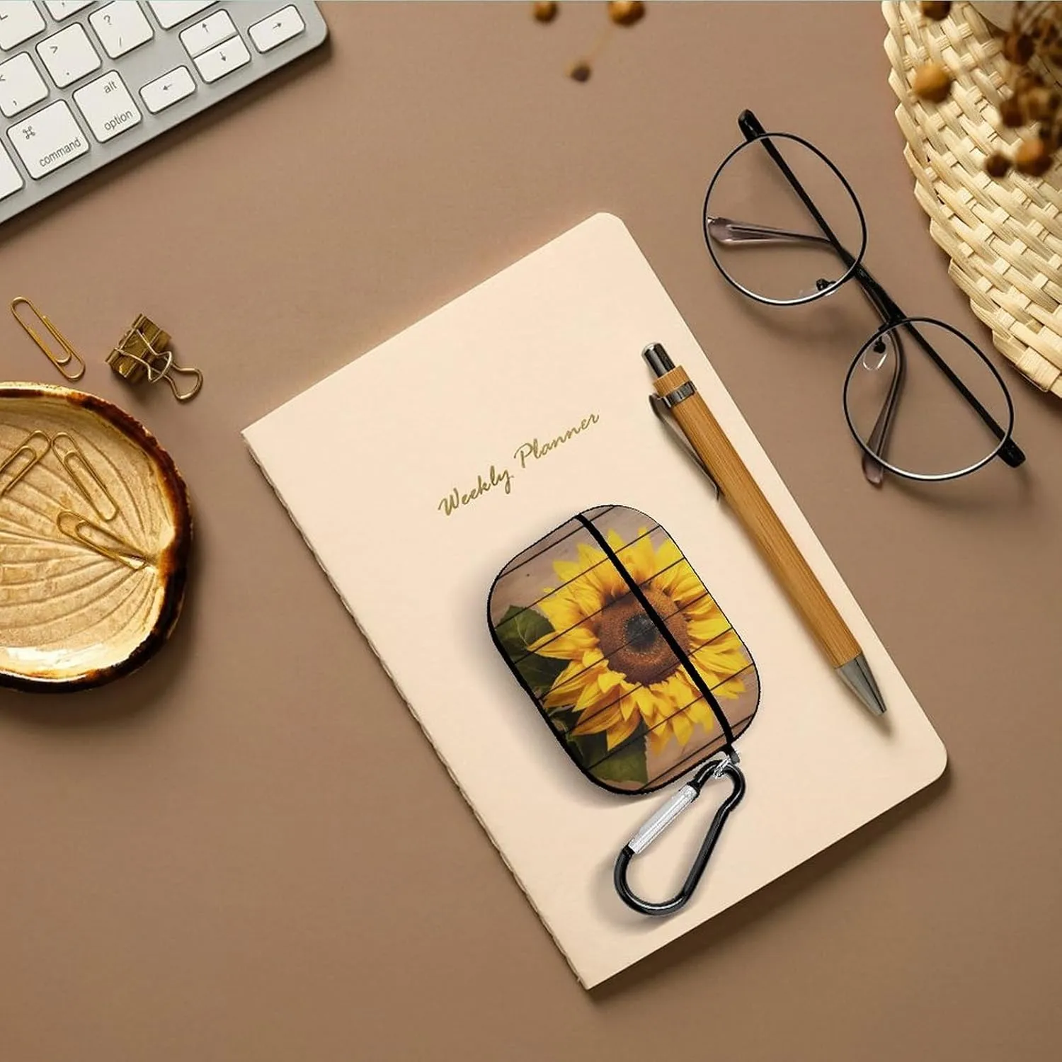 Airpods Pro Case for (2nd/1st Gen), Sunflower with Wood Airpods Pro 2 Cover, Earpods Case with Durable Carabiner, Earbud Cases Supports Wireless Charging Durable and Shockproof