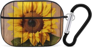Airpods Pro Case for (2nd/1st Gen), Sunflower with Wood Airpods Pro 2 Cover, Earpods Case with Durable Carabiner, Earbud Cases Supports Wireless Charging Durable and Shockproof