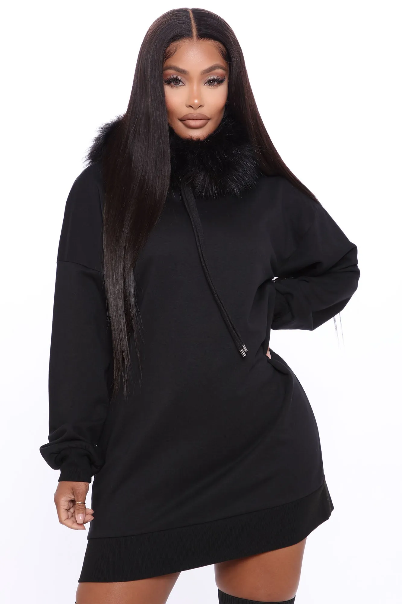 All Fur You Sweatshirt Dress - Black