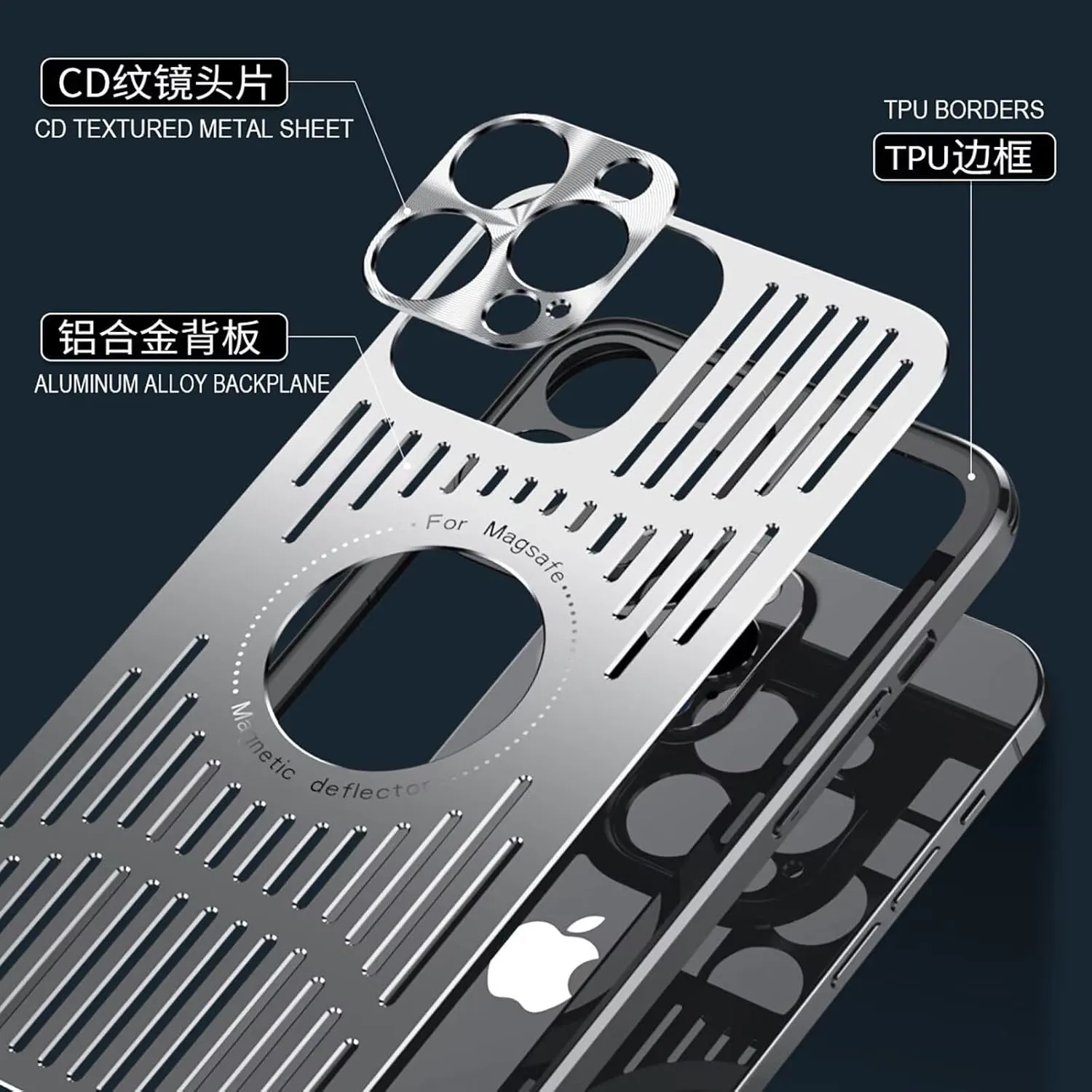 Aluminum Metal Back Plate Phone Case for iPhone 13 Pro Max,Hollow Heat Dissipation Structure   TPU Protection Beautiful Durable and Wear-Resistant 6.7" Silver