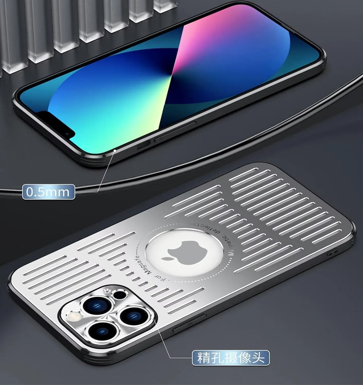 Aluminum Metal Back Plate Phone Case for iPhone 13 Pro Max,Hollow Heat Dissipation Structure   TPU Protection Beautiful Durable and Wear-Resistant 6.7" Silver