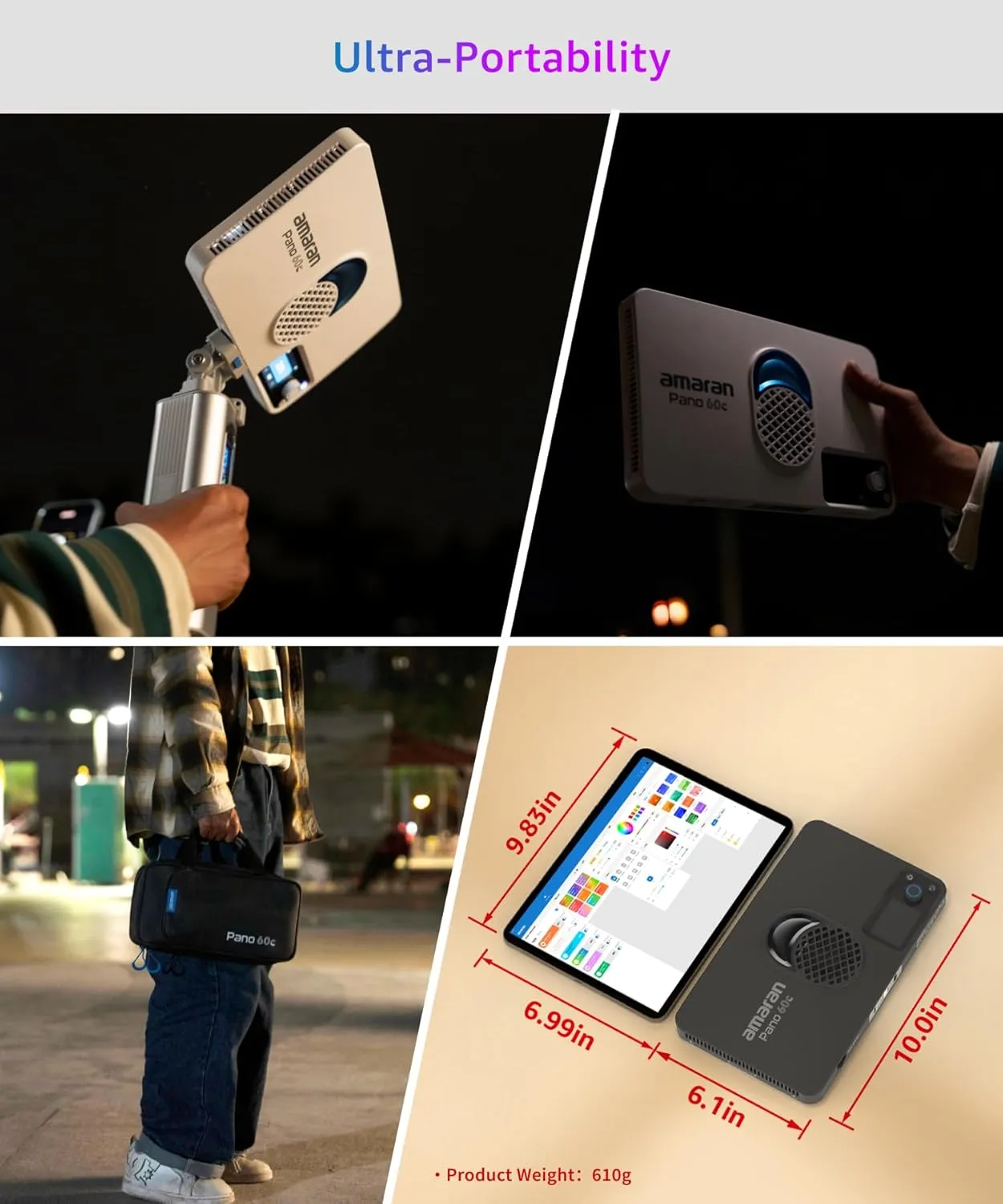 amaran Pano 60c Kit,Compact 60W RGBWW Full Color Panel Light,Support USB-C PD,CCT 2,300K-10,000K,12 Lighting Efects,APP Control w/Softbox Carrying Case Studio Light Photography Lighting (White)