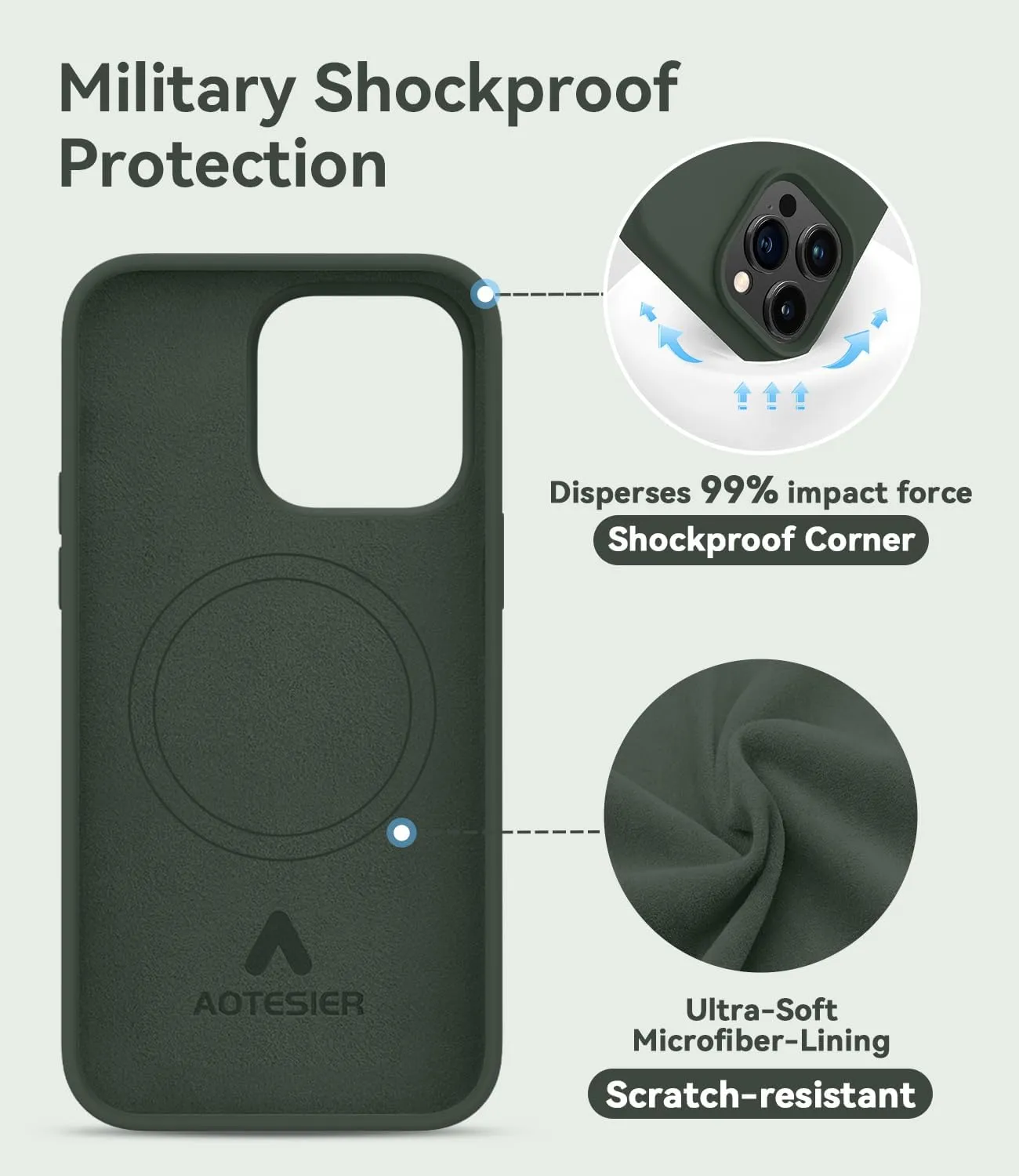 AOTESIER Magnetic for iPhone 13 Pro Phone Case, [Compatible with MagSafe][Military Shockproof Protection] Silicone Case with Soft Microfiber Lining, Camera & Screen Protection 6.1 inch, Alpine Green