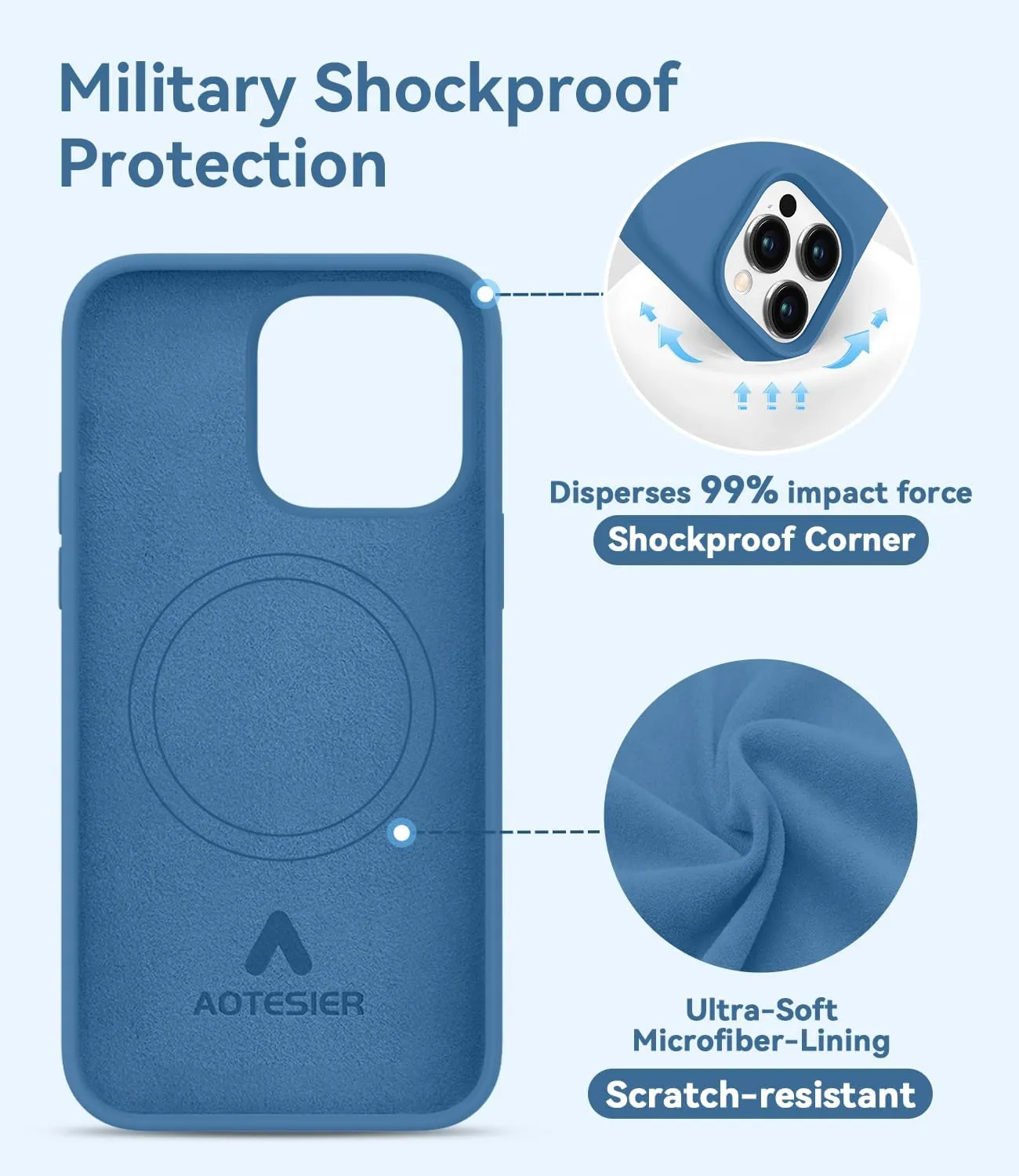 AOTESIER Magnetic for iPhone 13 Pro Phone Case, [Compatible with MagSafe][Military Shockproof Protection] Silicone Case with Soft Microfiber Lining, Camera & Screen Protection 6.1 inch, Azure Blue