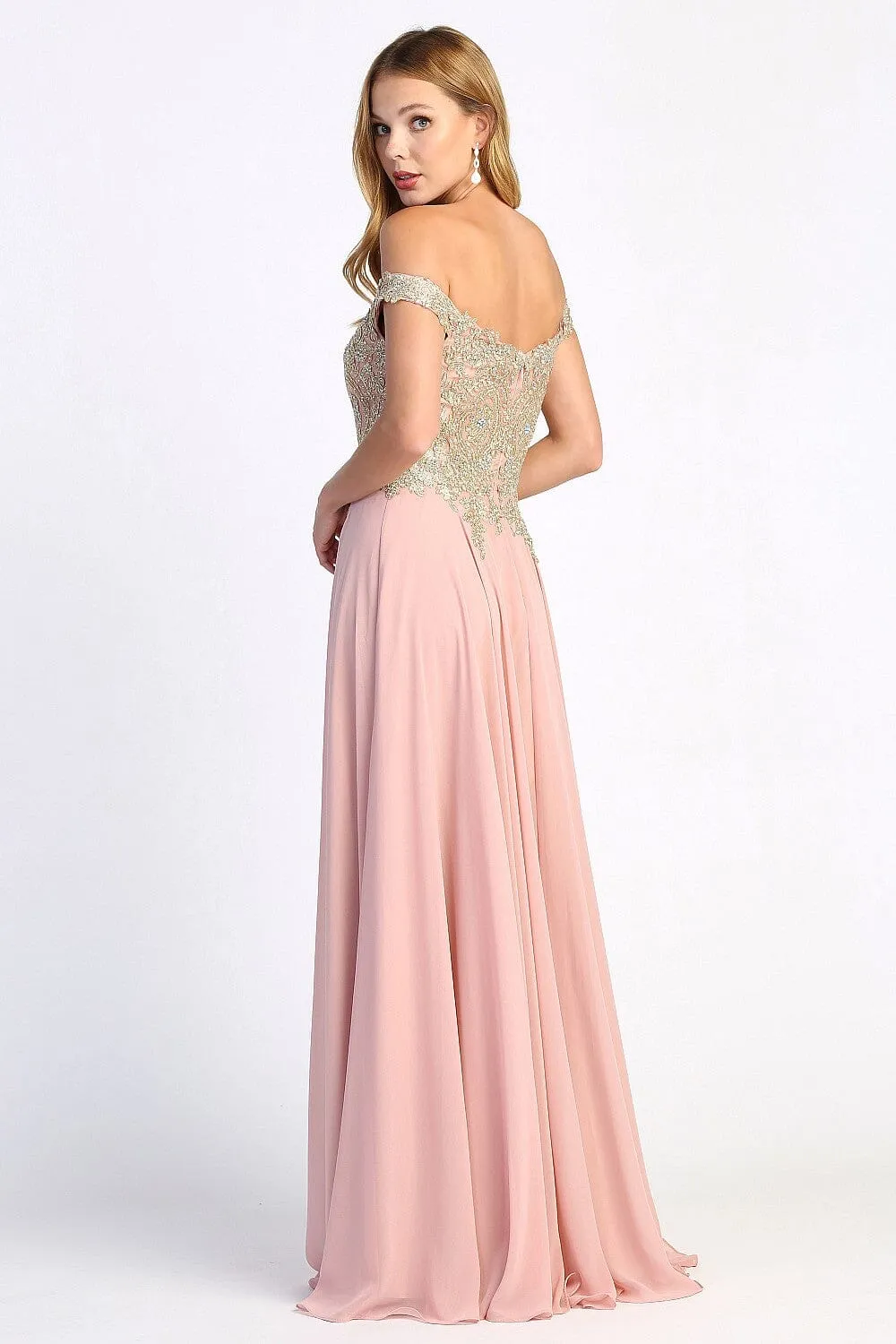 Applique Long Off Shoulder Slit Dress by Adora 3040 - Outlet
