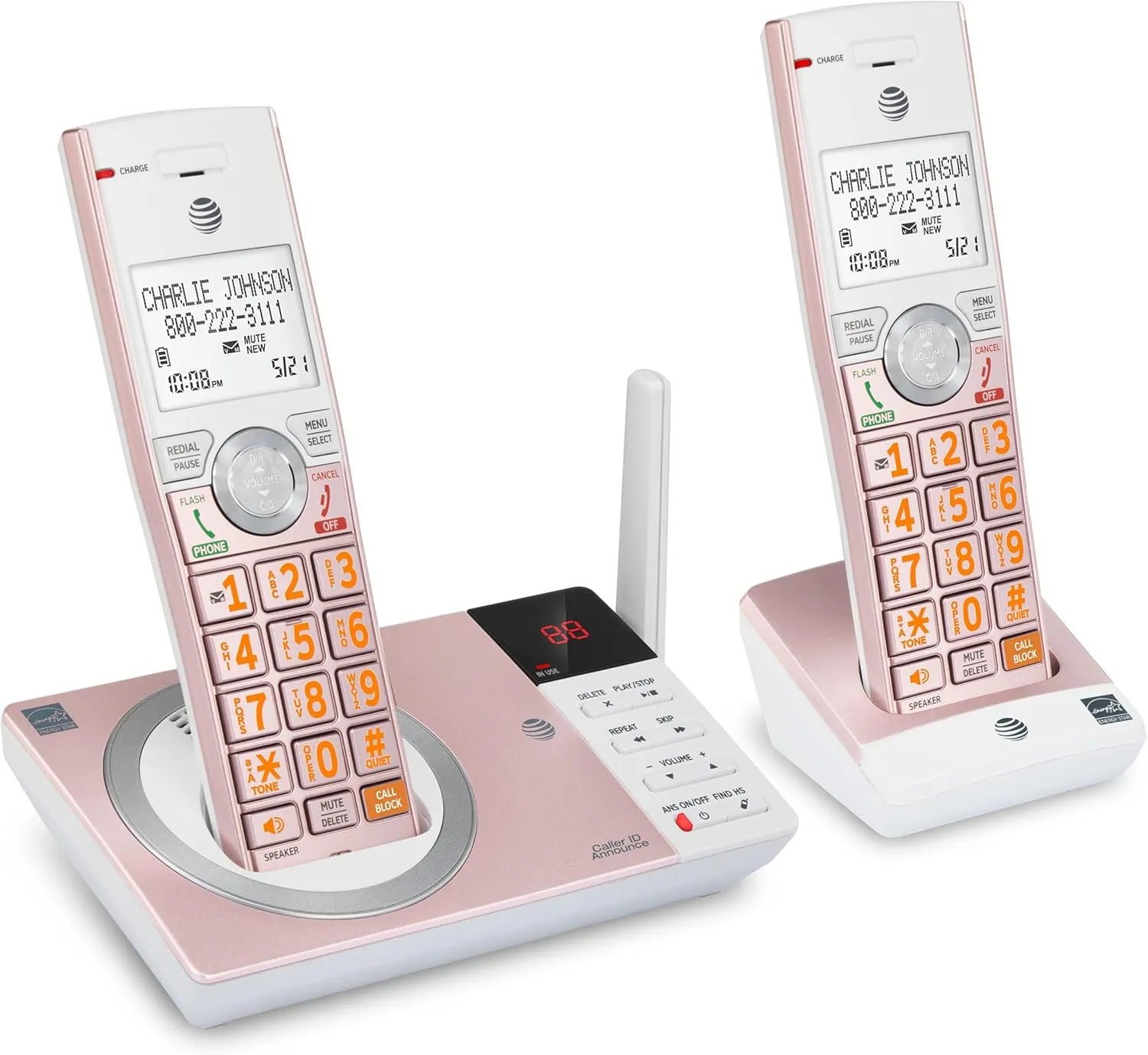 AT&T CL82257 DECT 6.0 2-Handset Cordless Phone for Home with Answering Machine, Call Blocking, Caller ID Announcer, Intercom and Long Range, Rose Gold