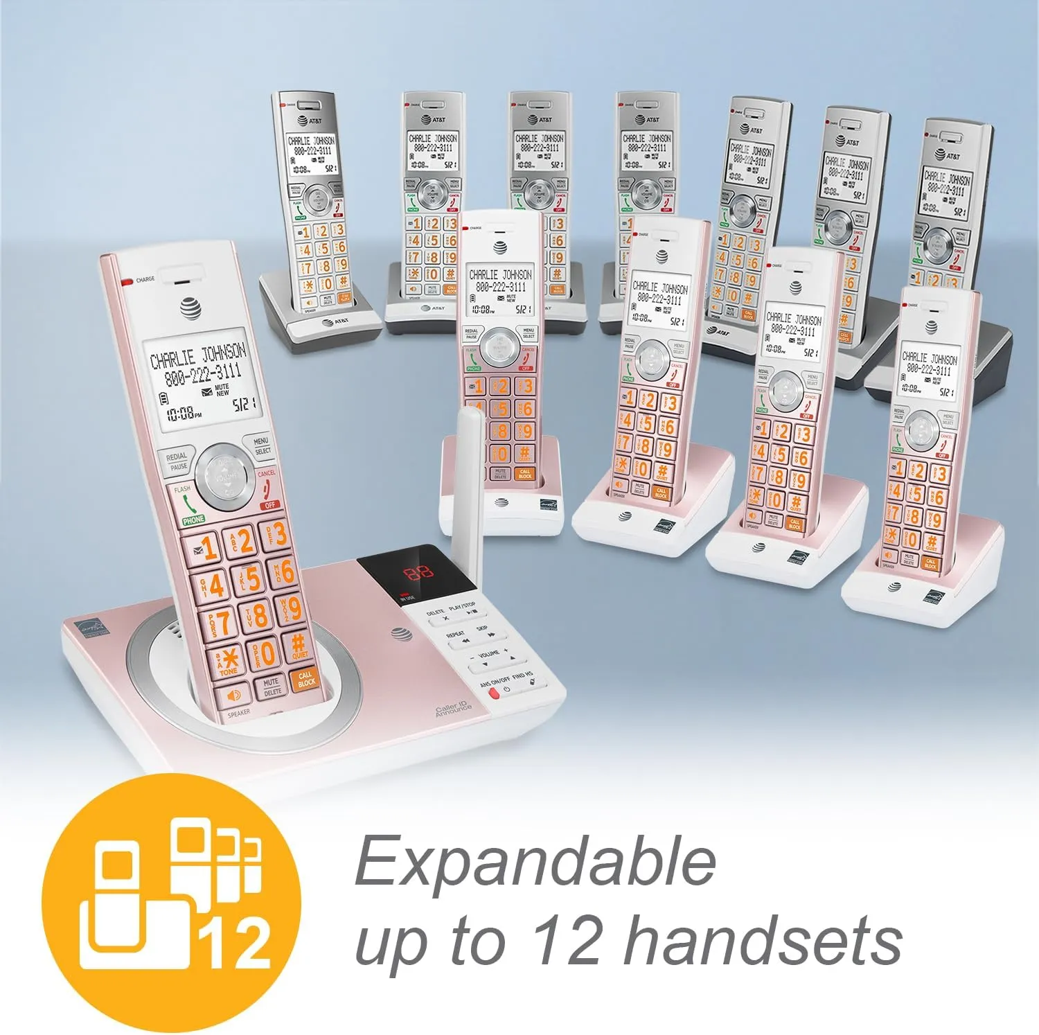 AT&T CL82257 DECT 6.0 2-Handset Cordless Phone for Home with Answering Machine, Call Blocking, Caller ID Announcer, Intercom and Long Range, Rose Gold