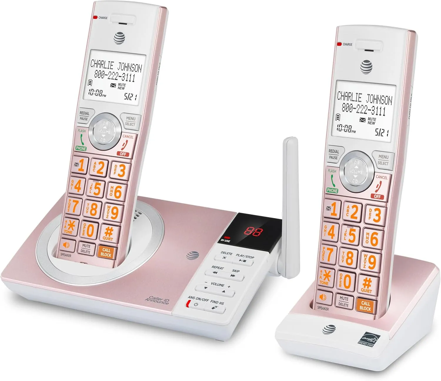 AT&T CL82257 DECT 6.0 2-Handset Cordless Phone for Home with Answering Machine, Call Blocking, Caller ID Announcer, Intercom and Long Range, Rose Gold