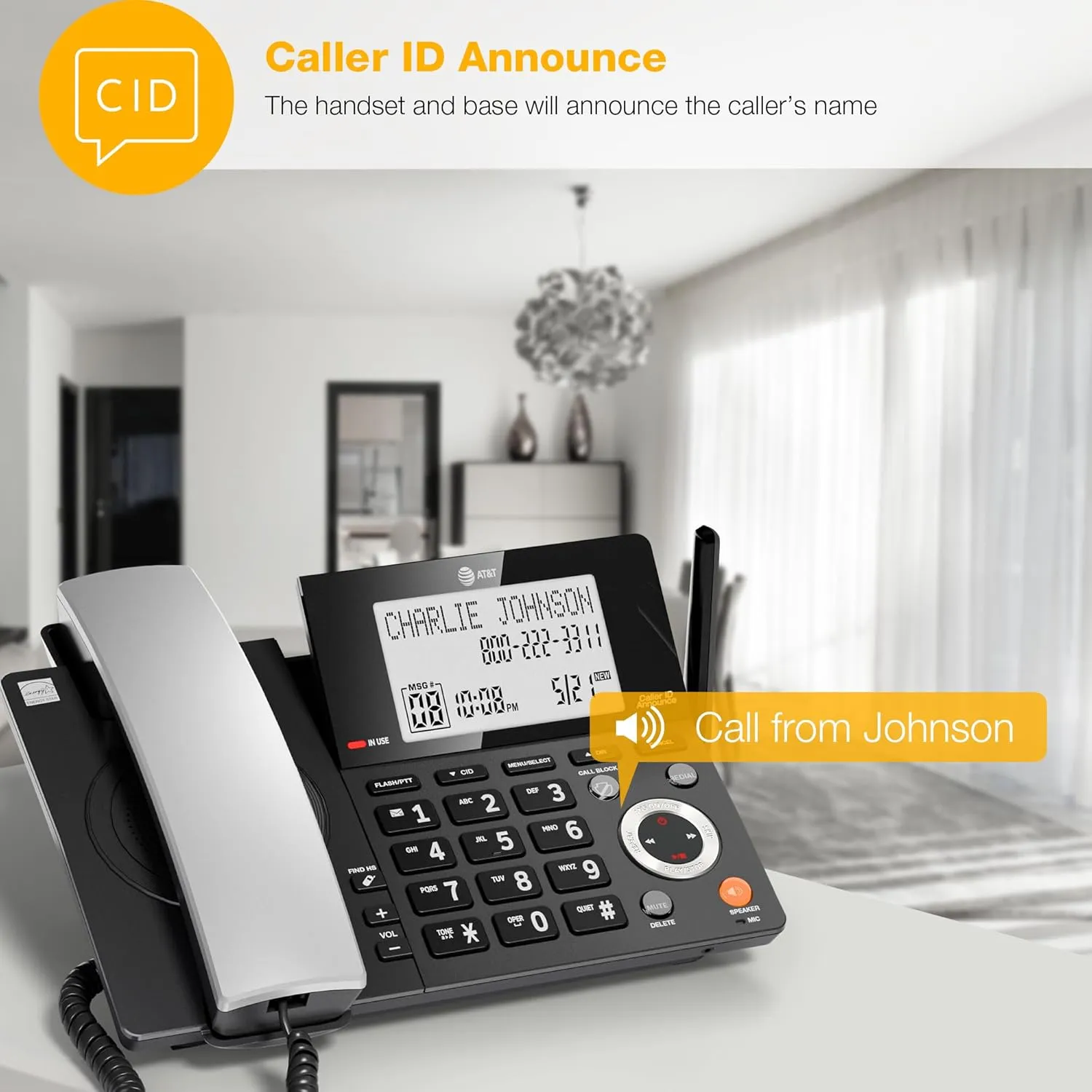 AT&T DECT 6.0 Corded/Cordless Home Phone with 3-Handset and Answering Machine, Smart Call Blocker, Caller ID, Large Backlit Display, Big Button, Speakerphone, Intercom: CL84318 (Charcoal Black)