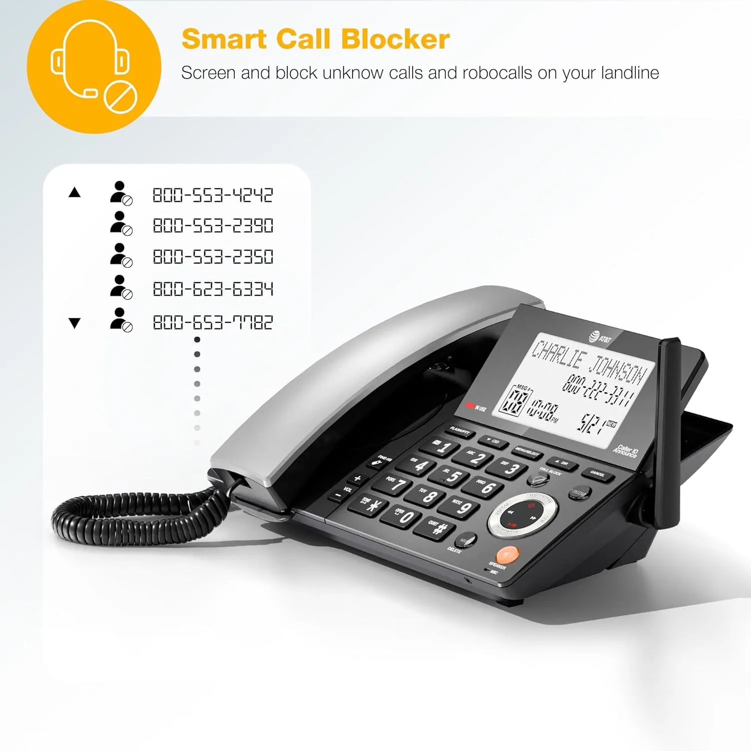 AT&T DECT 6.0 Corded/Cordless Home Phone with 3-Handset and Answering Machine, Smart Call Blocker, Caller ID, Large Backlit Display, Big Button, Speakerphone, Intercom: CL84318 (Charcoal Black)