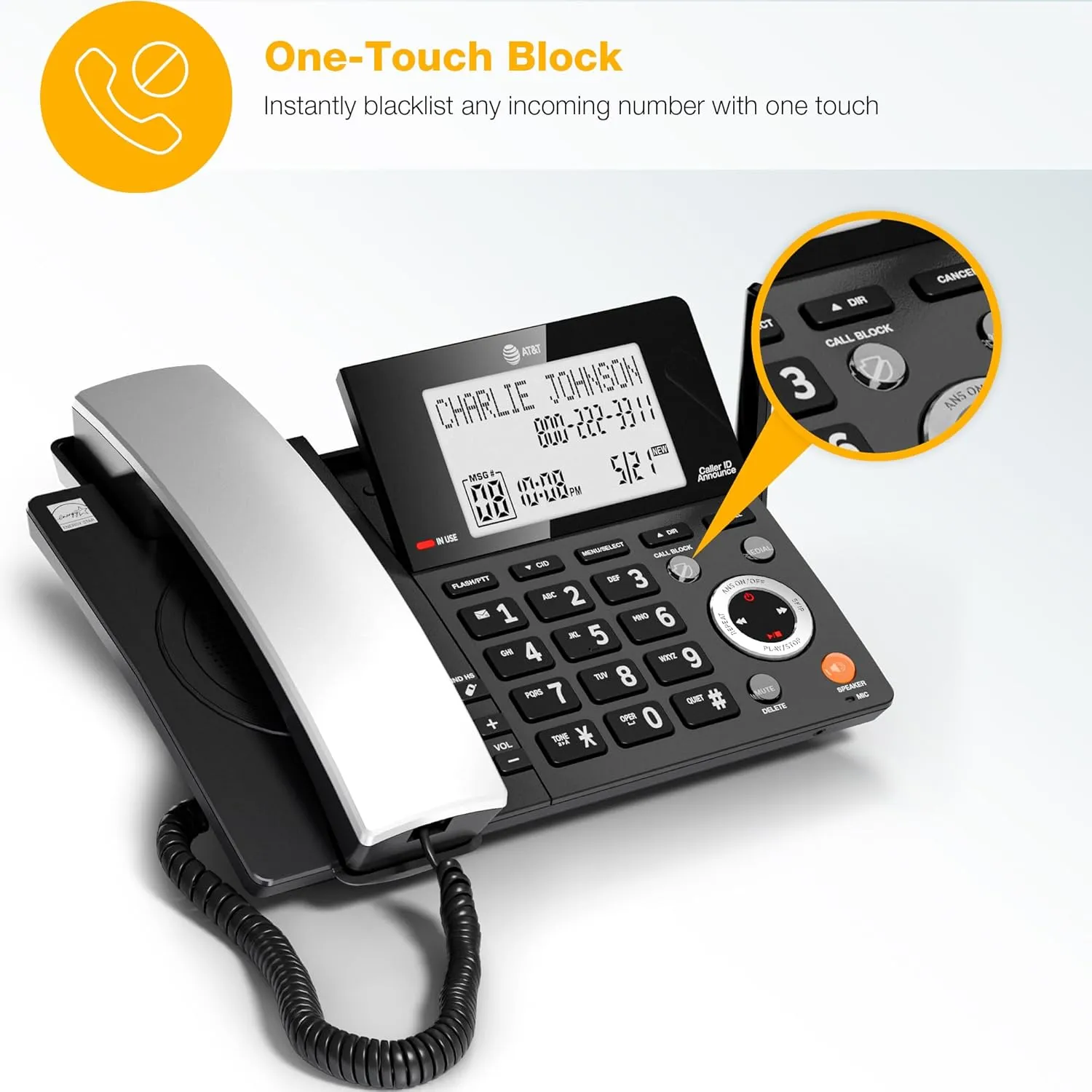AT&T DECT 6.0 Corded/Cordless Home Phone with 3-Handset and Answering Machine, Smart Call Blocker, Caller ID, Large Backlit Display, Big Button, Speakerphone, Intercom: CL84318 (Charcoal Black)