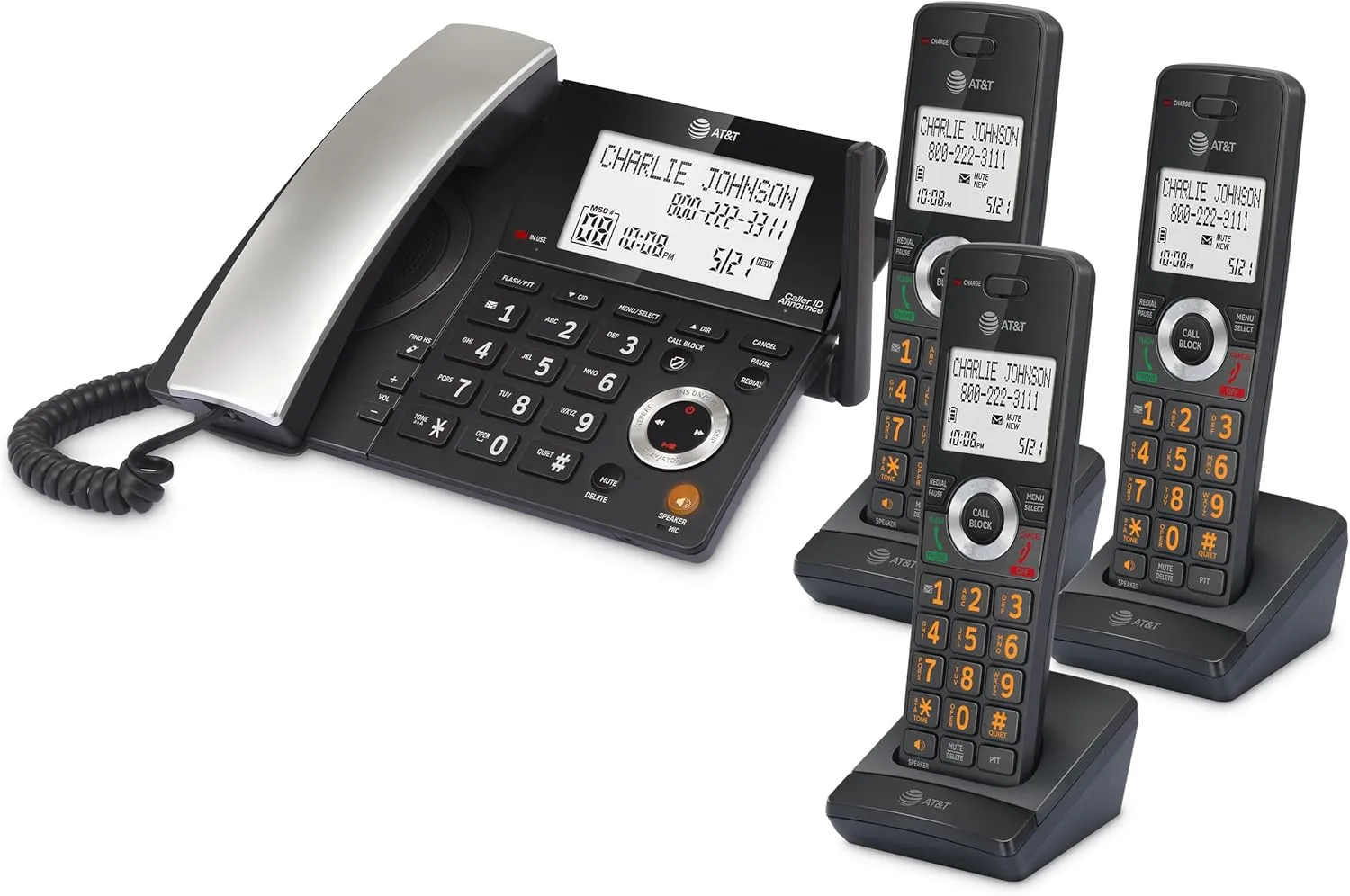 AT&T DECT 6.0 Corded/Cordless Home Phone with 3-Handset and Answering Machine, Smart Call Blocker, Caller ID, Large Backlit Display, Big Button, Speakerphone, Intercom: CL84318 (Charcoal Black)