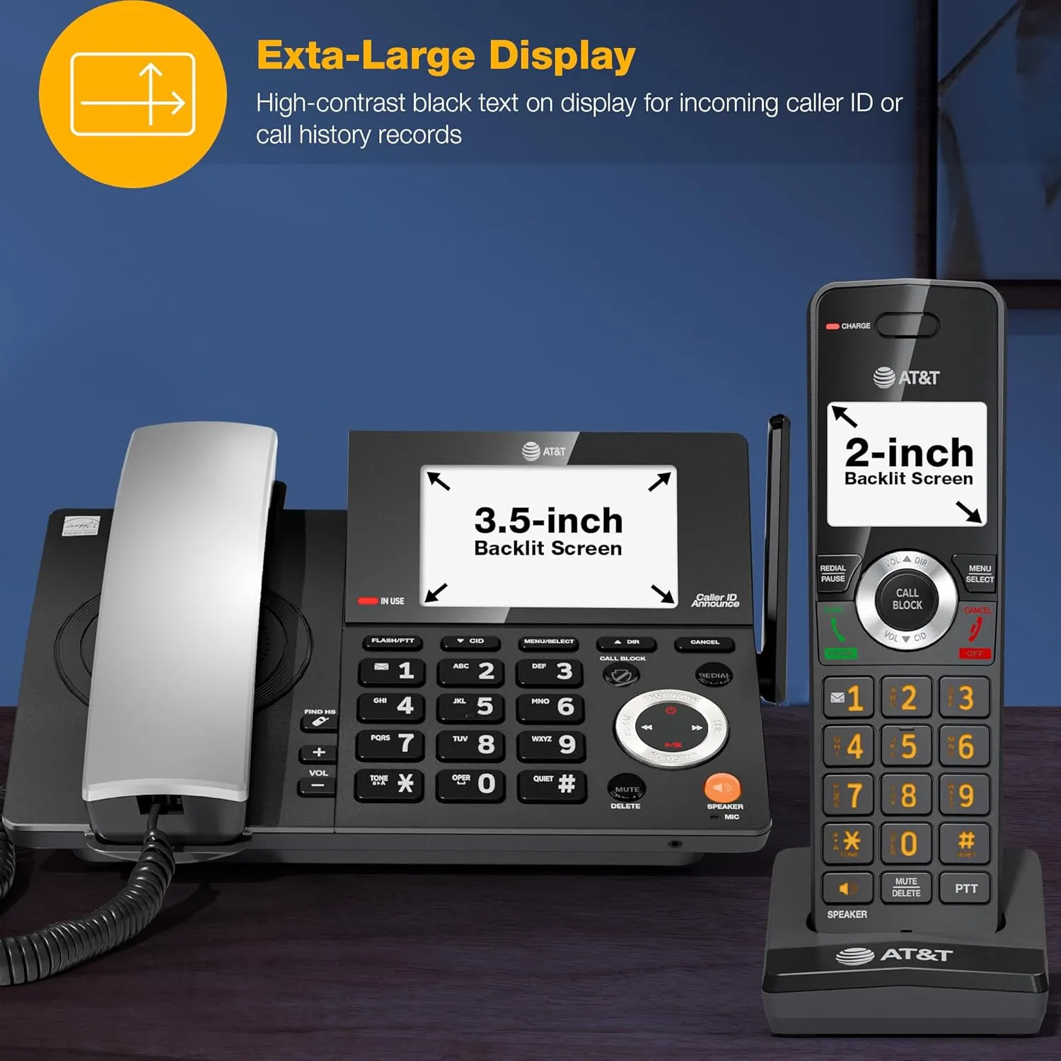 AT&T DECT 6.0 Corded/Cordless Home Phone with 3-Handset and Answering Machine, Smart Call Blocker, Caller ID, Large Backlit Display, Big Button, Speakerphone, Intercom: CL84318 (Charcoal Black)