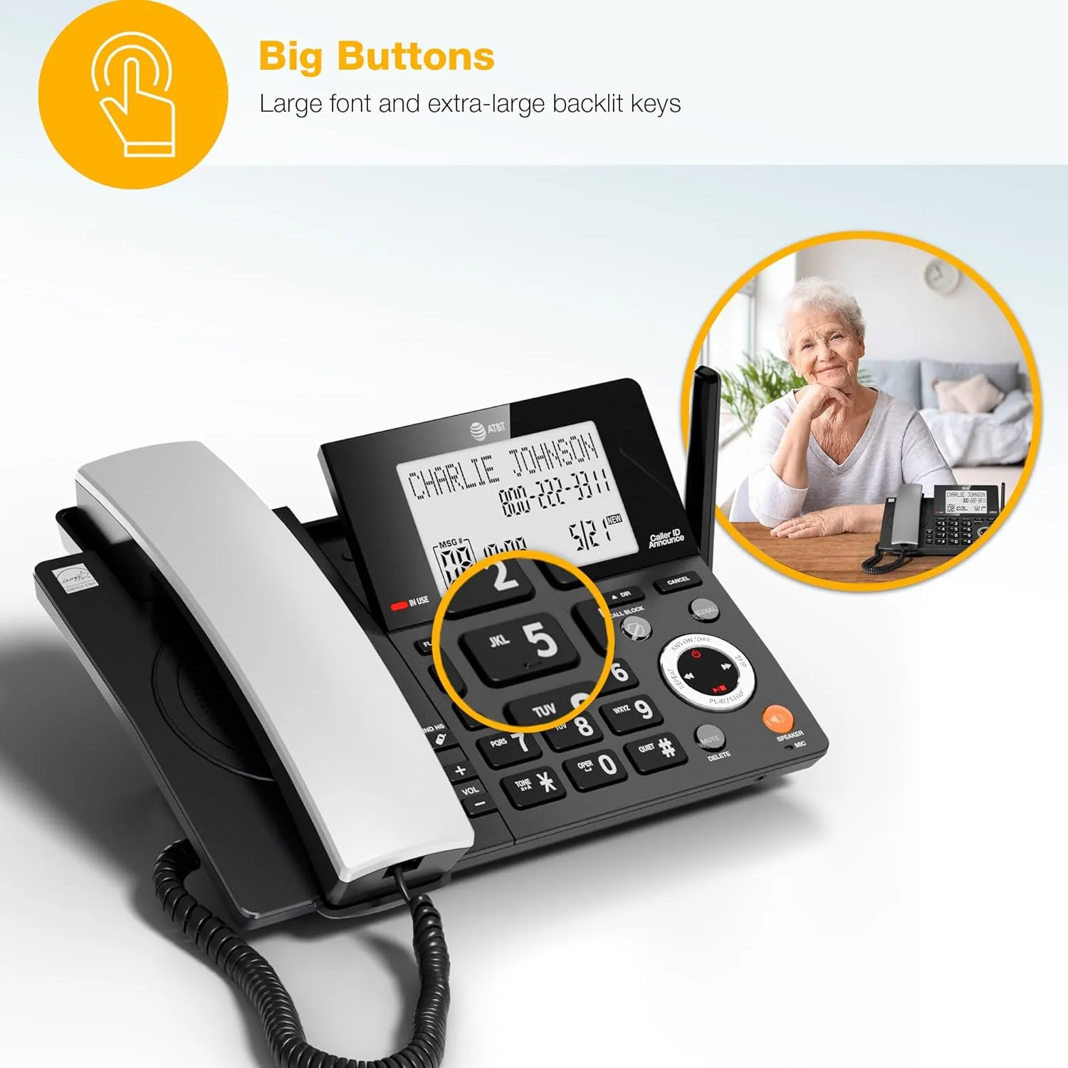 AT&T DECT 6.0 Corded/Cordless Home Phone with 3-Handset and Answering Machine, Smart Call Blocker, Caller ID, Large Backlit Display, Big Button, Speakerphone, Intercom: CL84318 (Charcoal Black)
